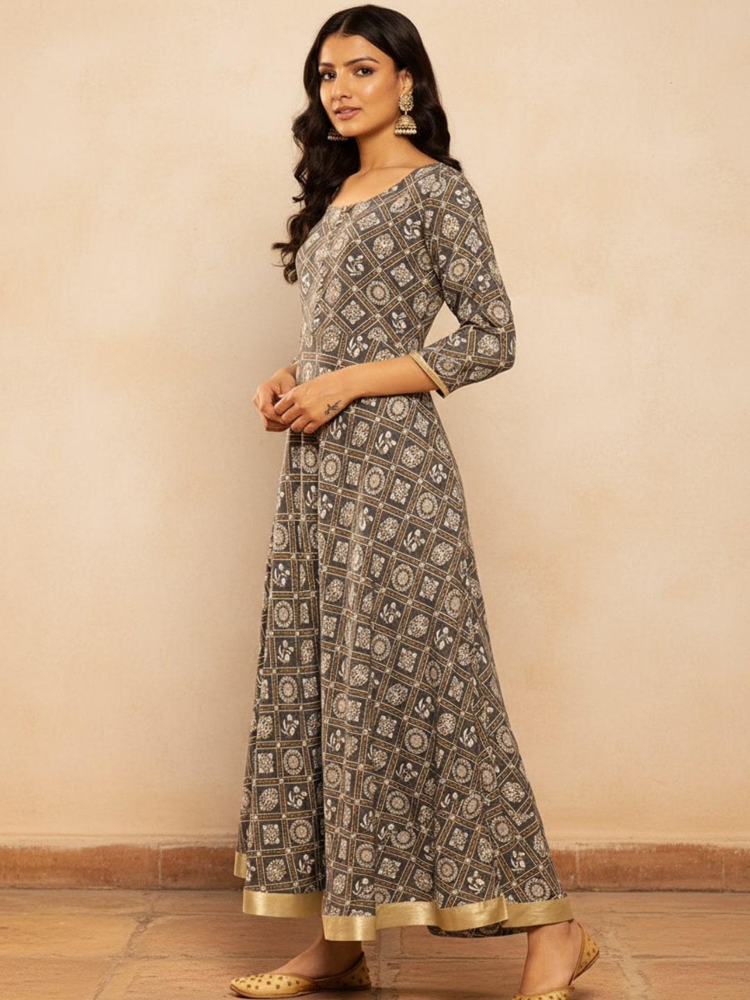  Grey Printed Rayon Fit and Flare Dress 