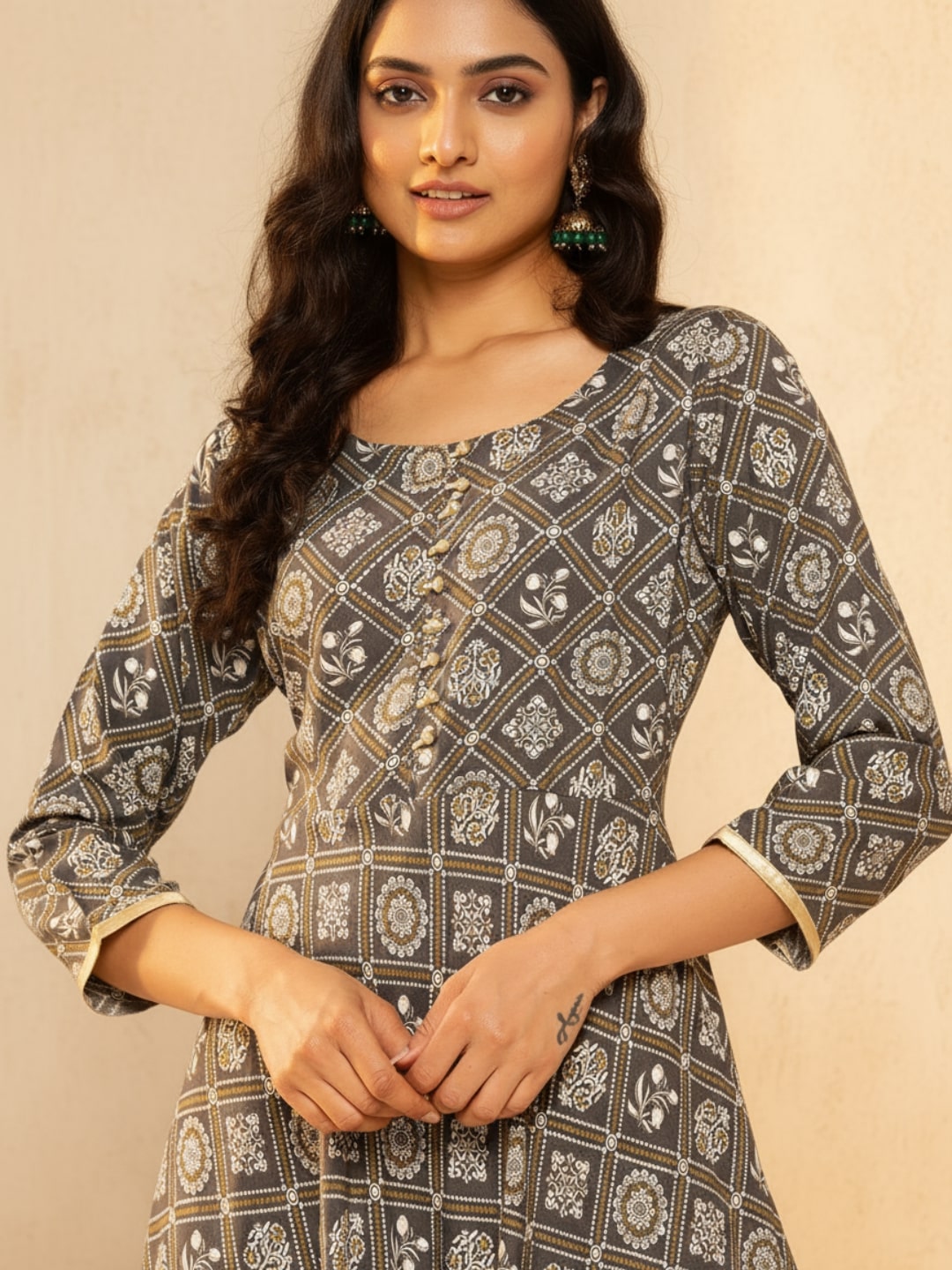  Grey Printed Rayon Fit and Flare Dress 
