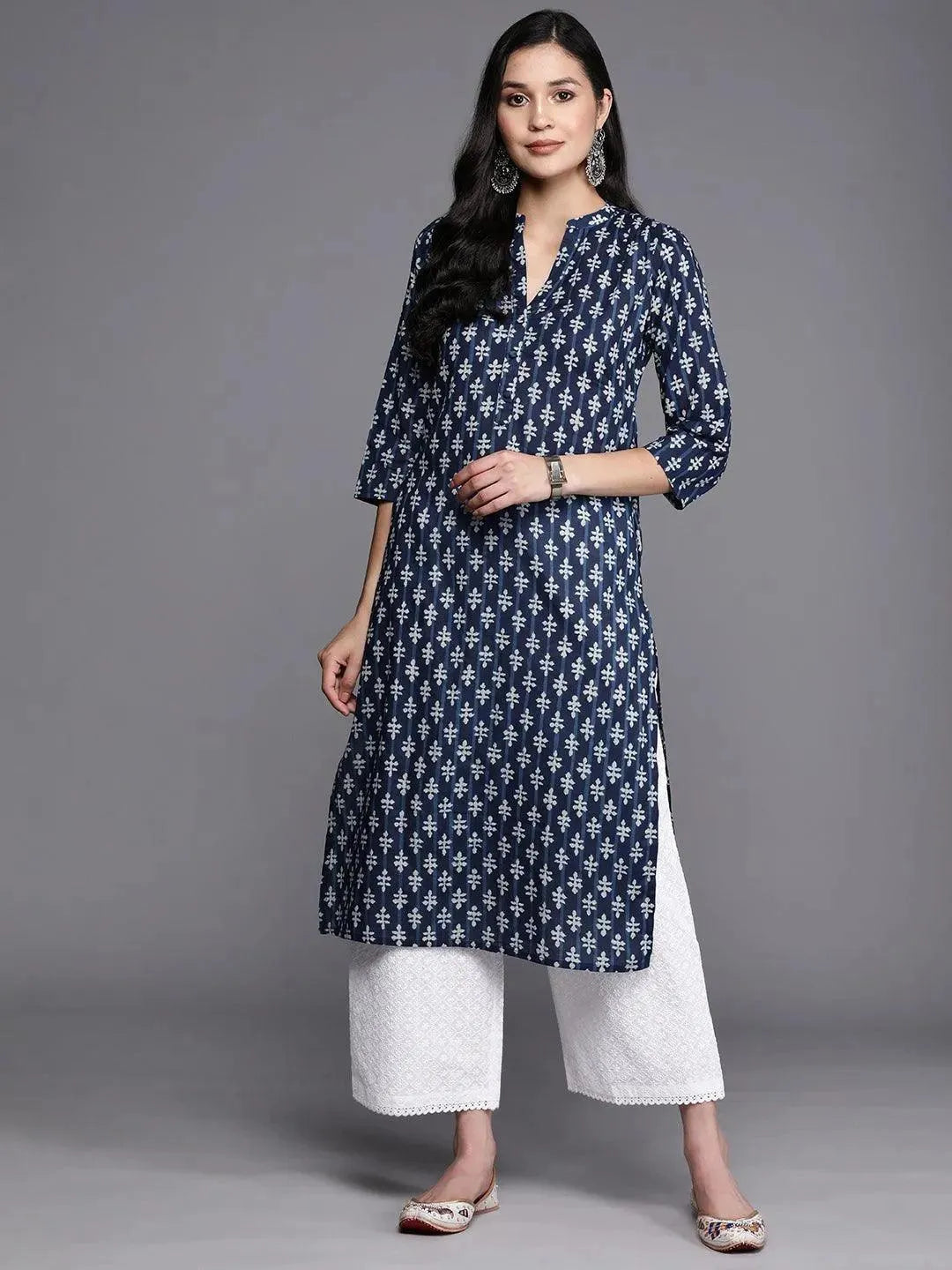  Blue Printed Cotton Straight Kurta 