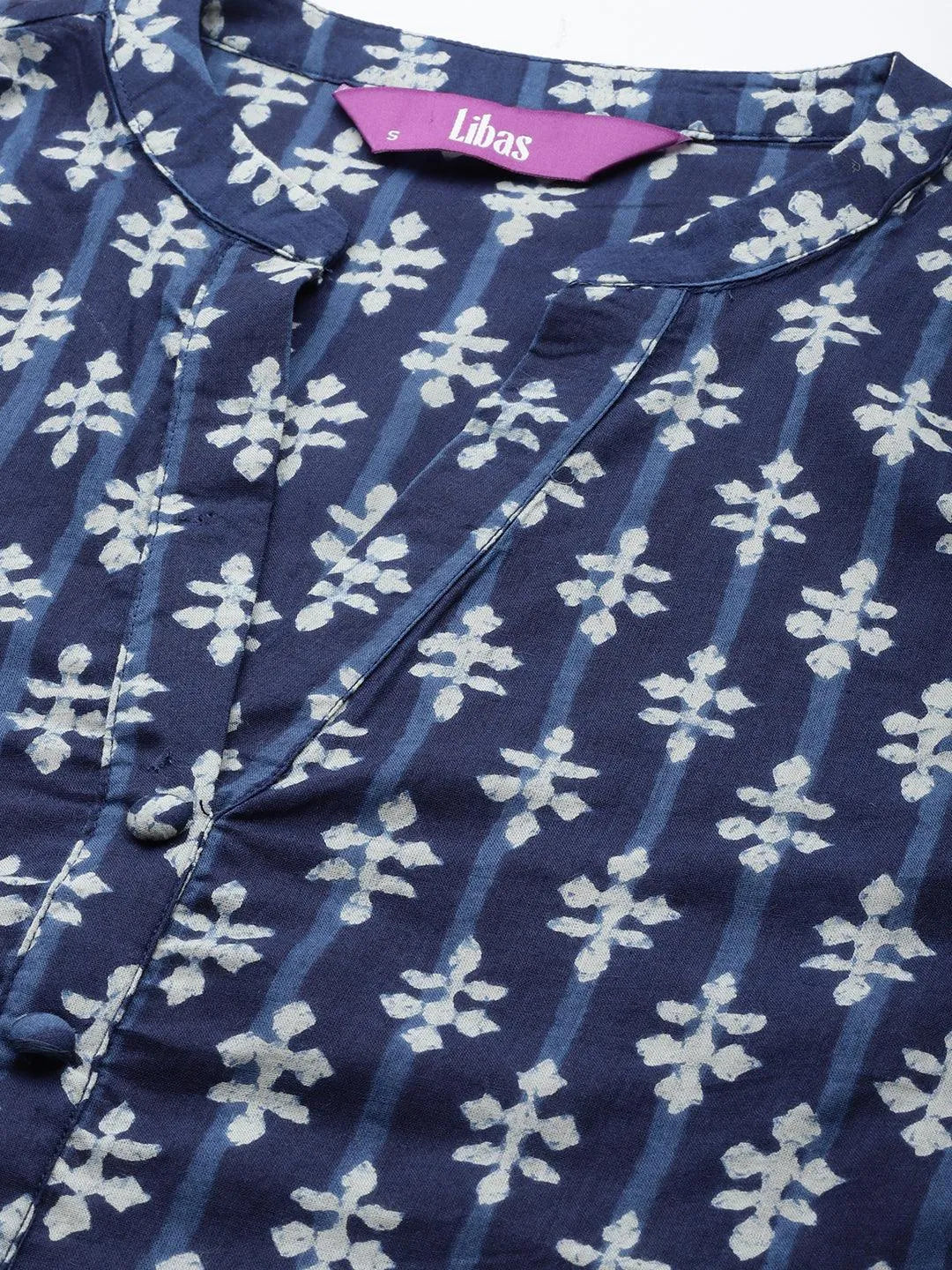 Blue Printed Cotton Straight Kurta - Libas 