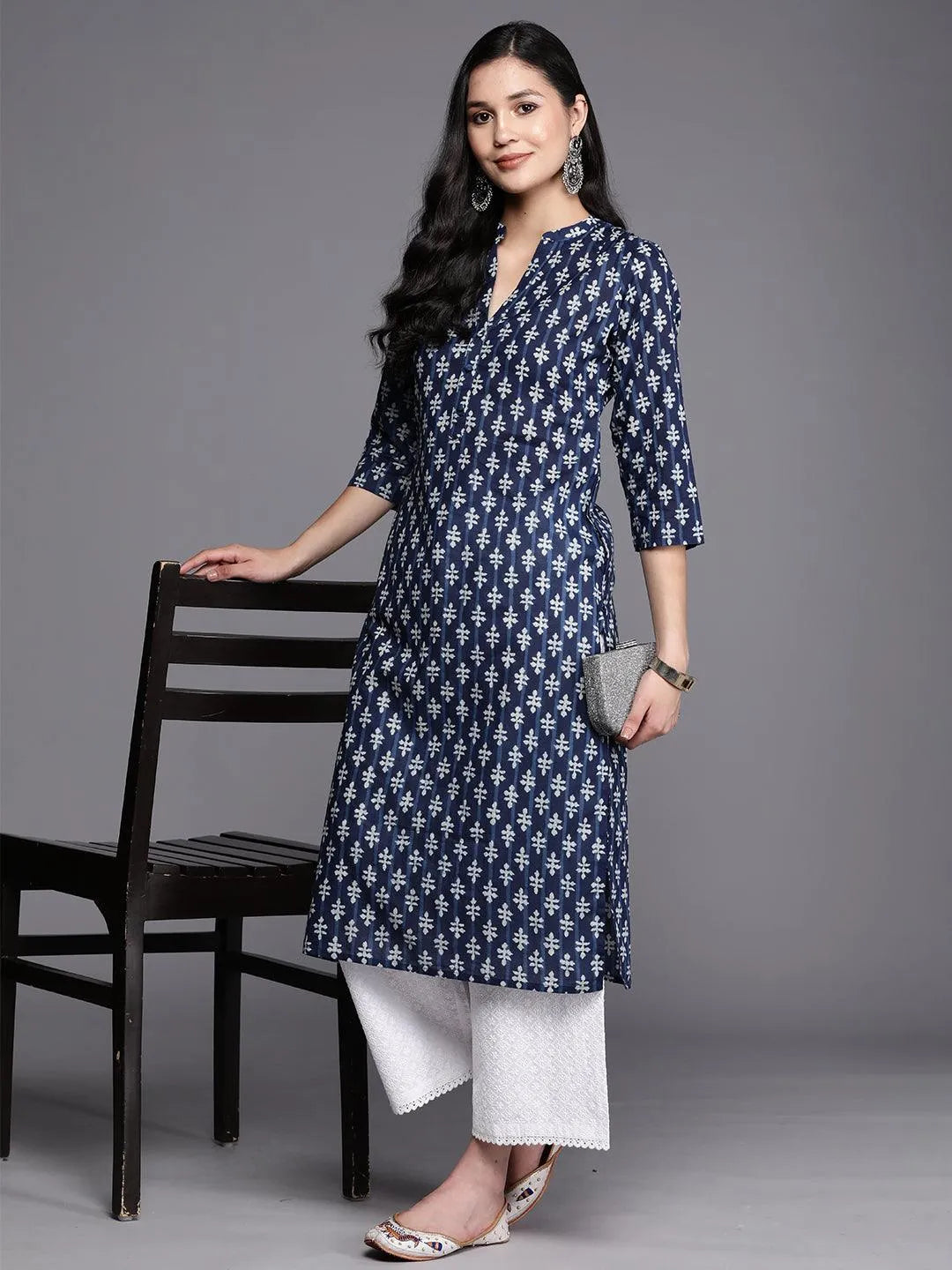 Blue Printed Cotton Straight Kurta - Libas