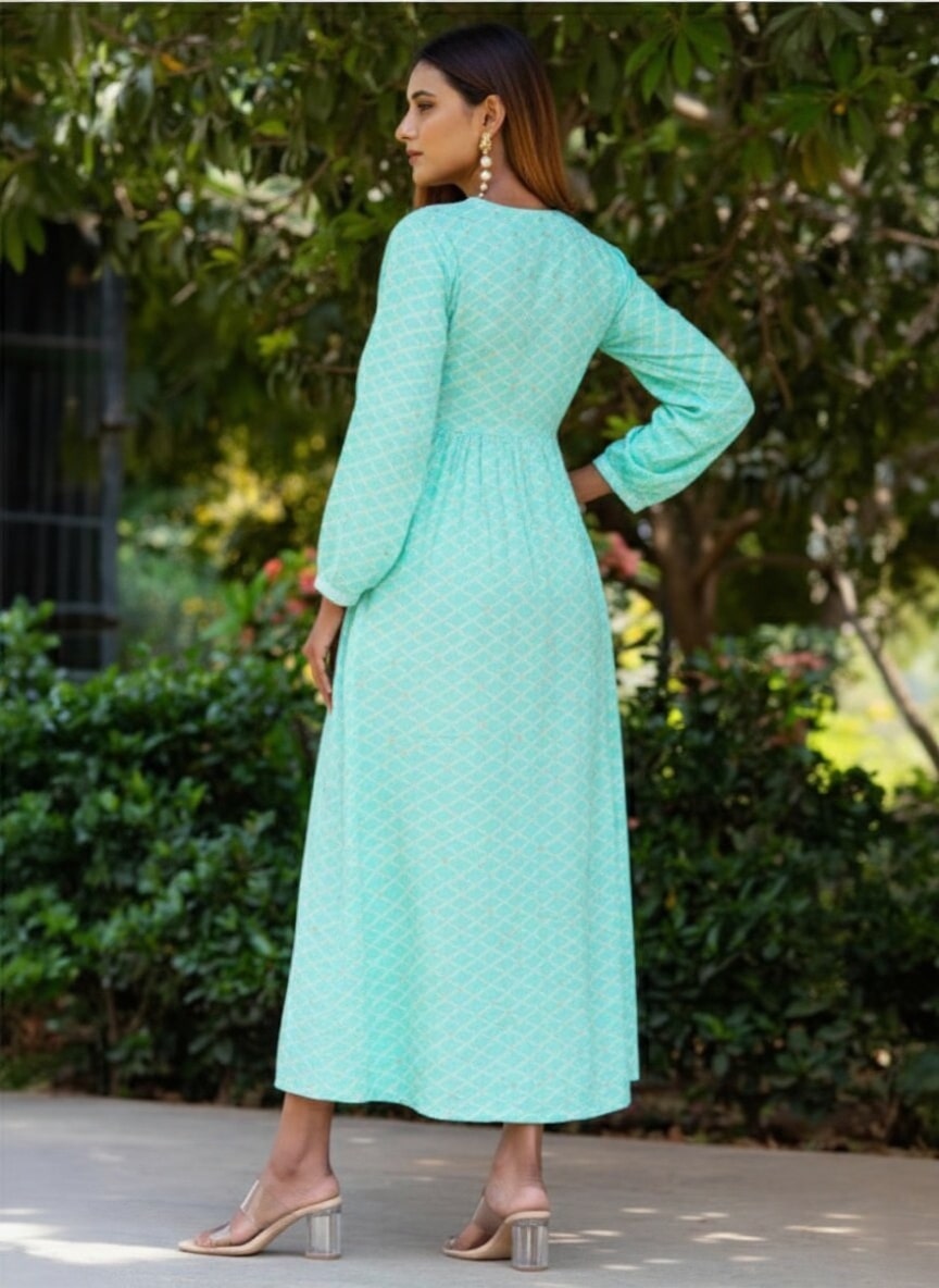  Sea Green Printed Rayon Fit and Flare Dress 