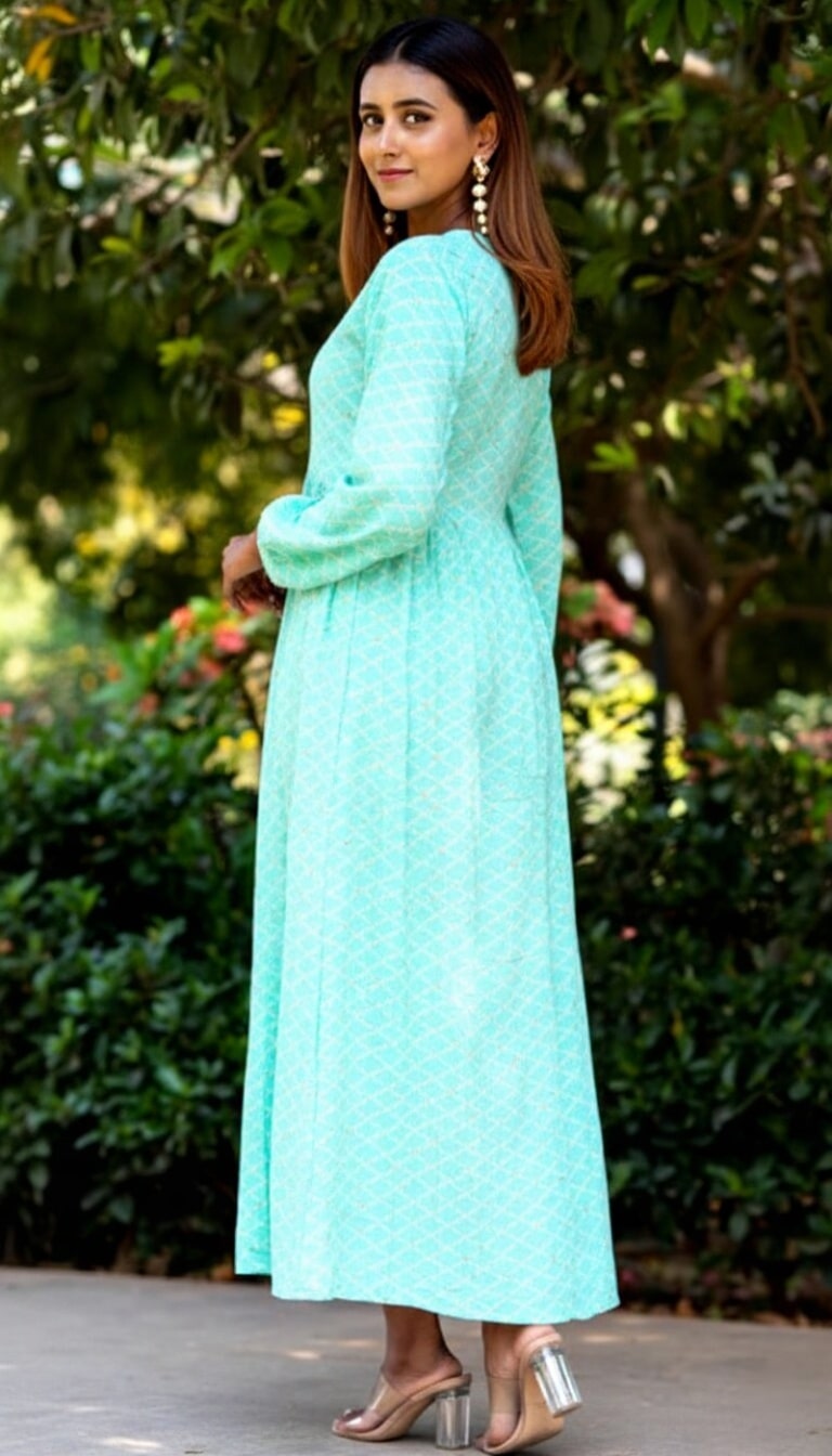 Buy Sea Green Printed Rayon Fit and Flare Dress Online at Rs.459 | Libas Buy Sea Green Printed Rayon Fit and Flare Dress Online at Rs.459 | Libas