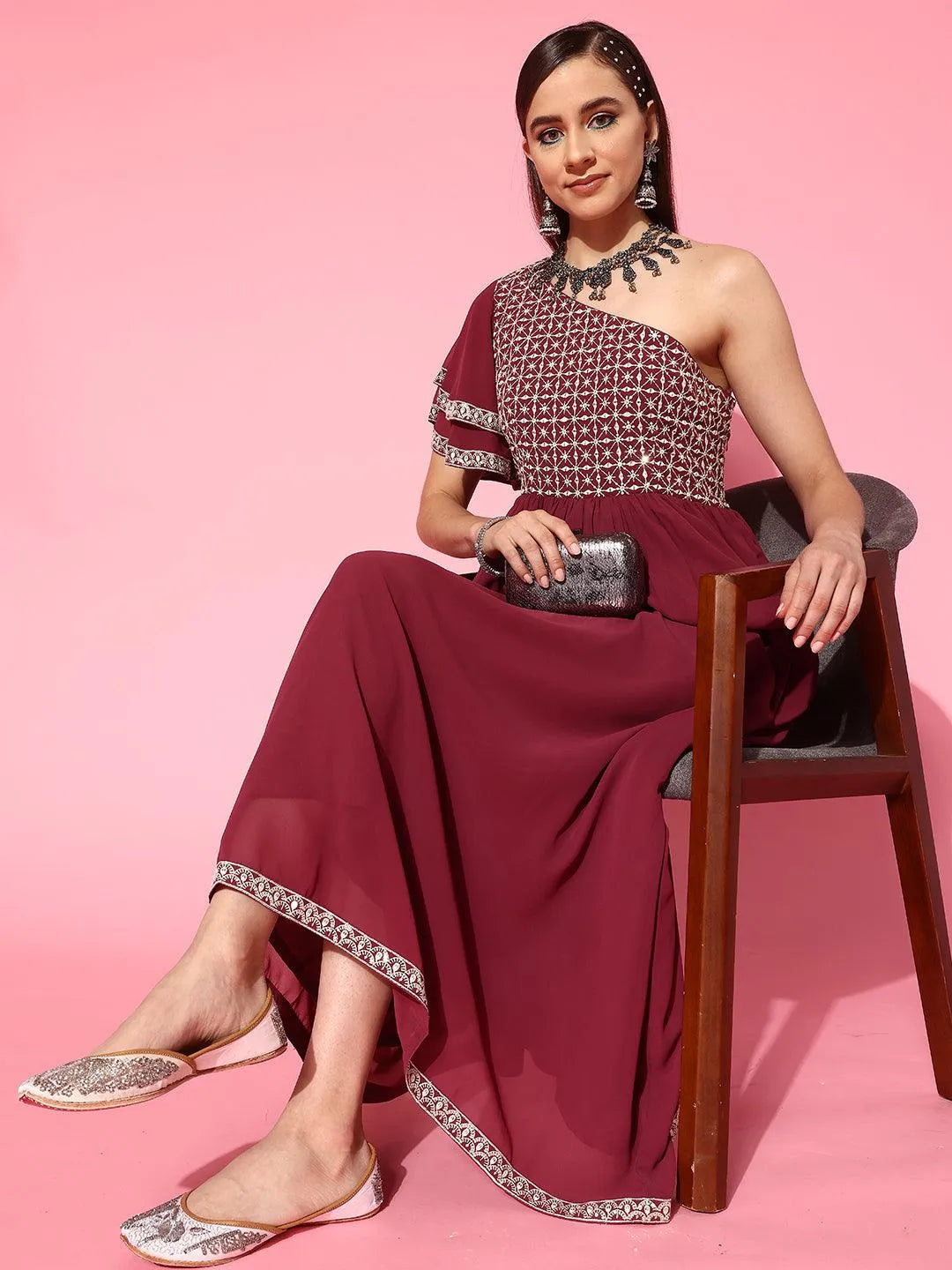 Mauve Embroidered Georgette Gown - Libas