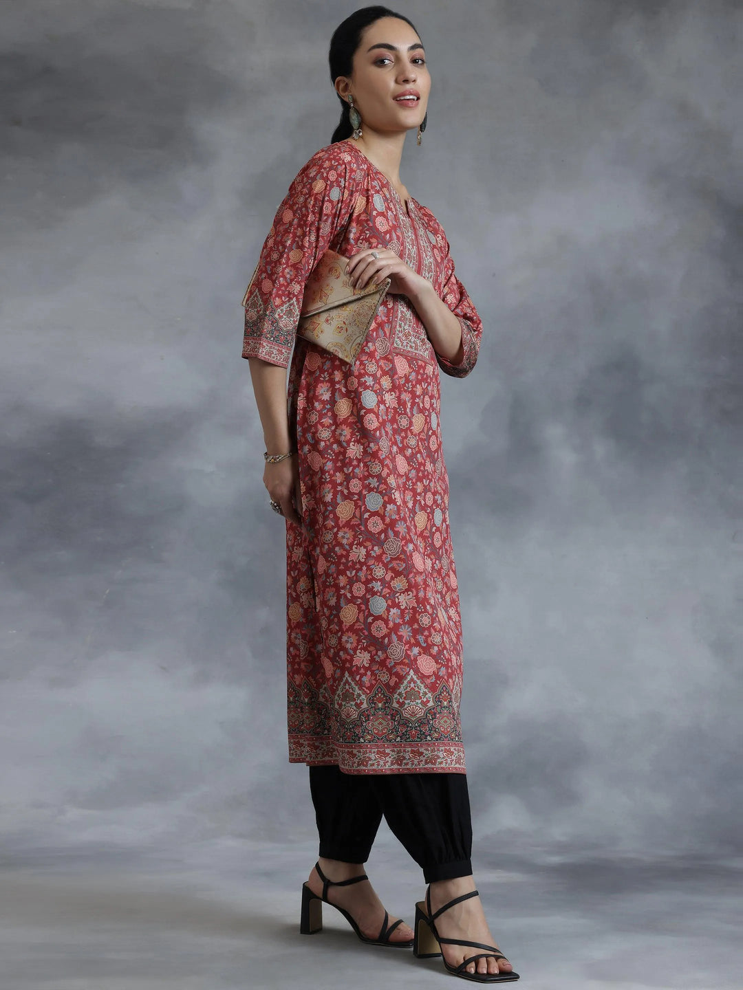 Rust Printed Crepe Straight Kurta - Libas 