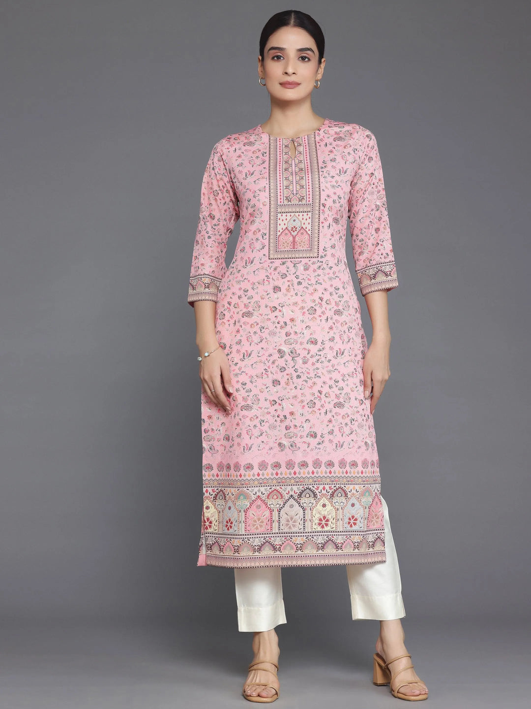 Peach Printed Crepe Straight Kurta - Libas