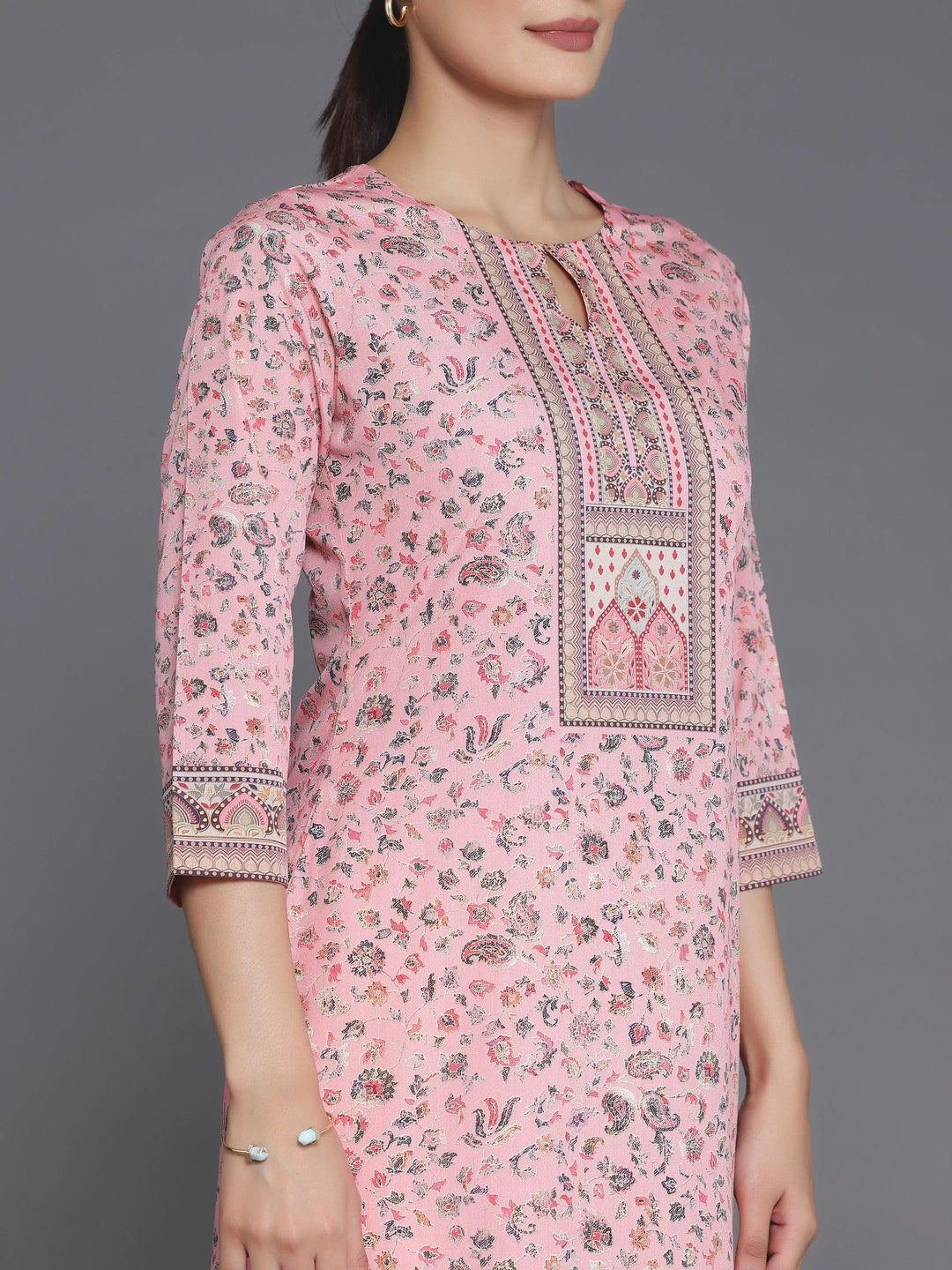 Peach Printed Crepe Straight Kurta - Libas