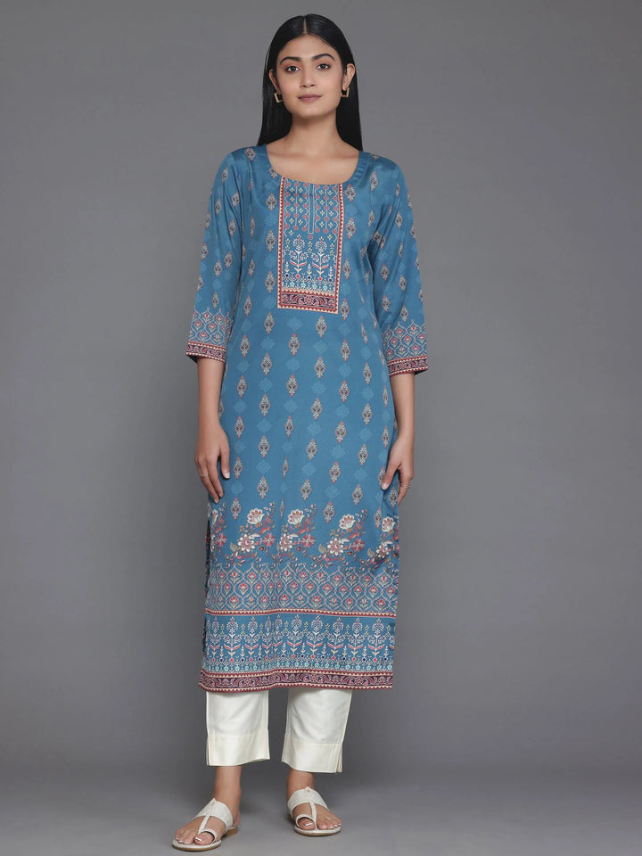 Teal Printed Crepe Straight Kurta - Libas