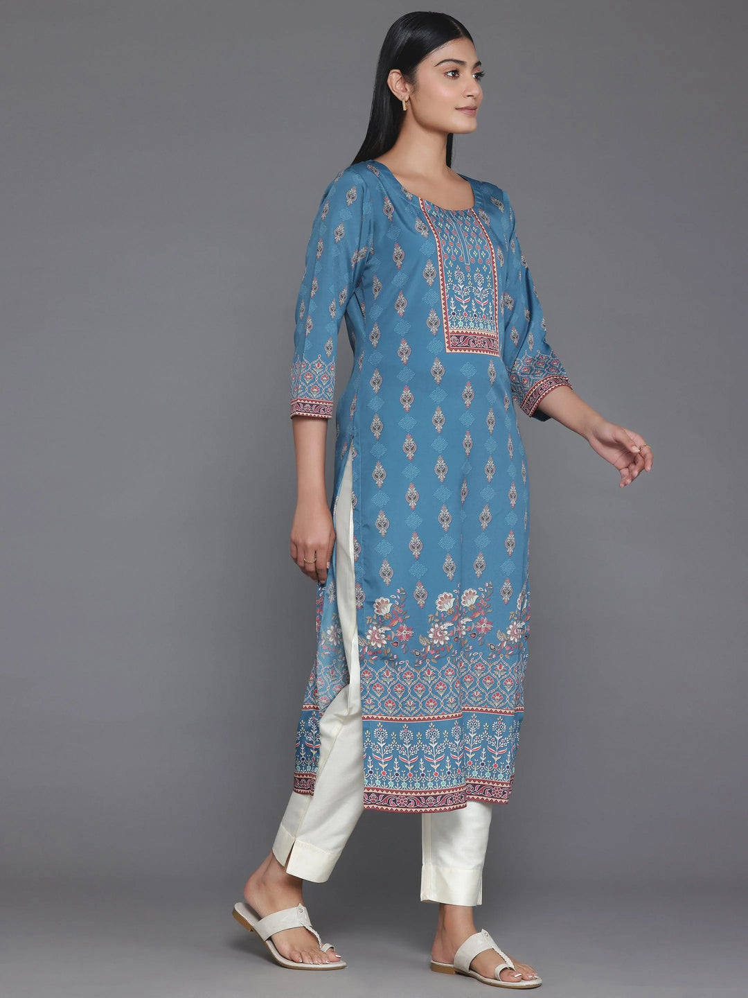 Teal Printed Crepe Straight Kurta - Libas