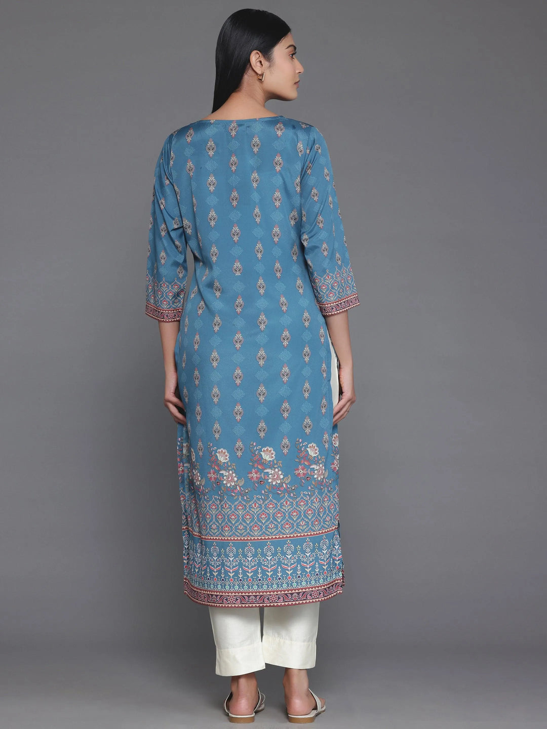 Teal Printed Crepe Straight Kurta - Libas