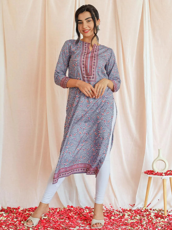 Lavender Printed Crepe Straight Kurta - Libas