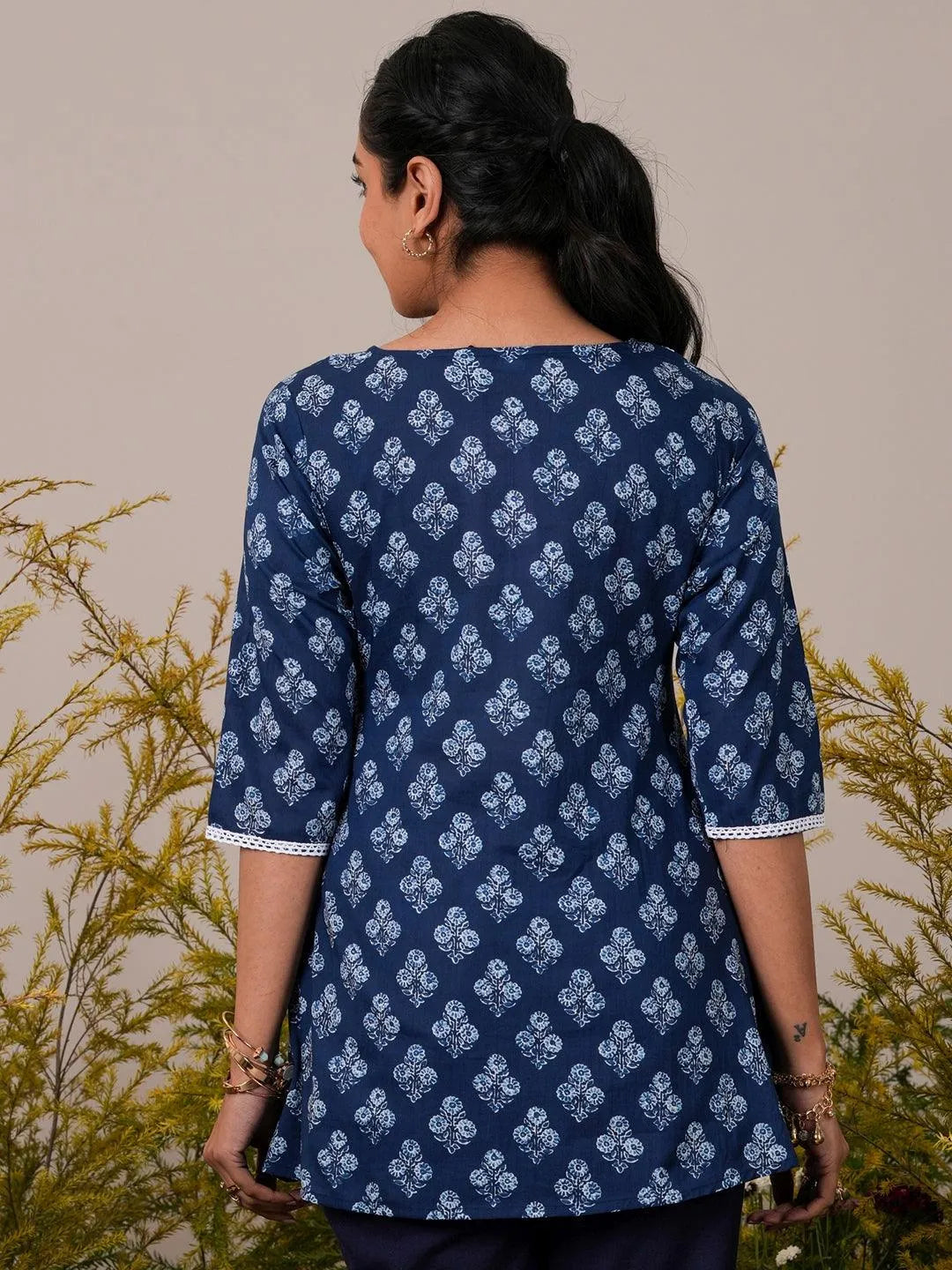 Indigo Printed Cotton A-Line Kurti - Libas 