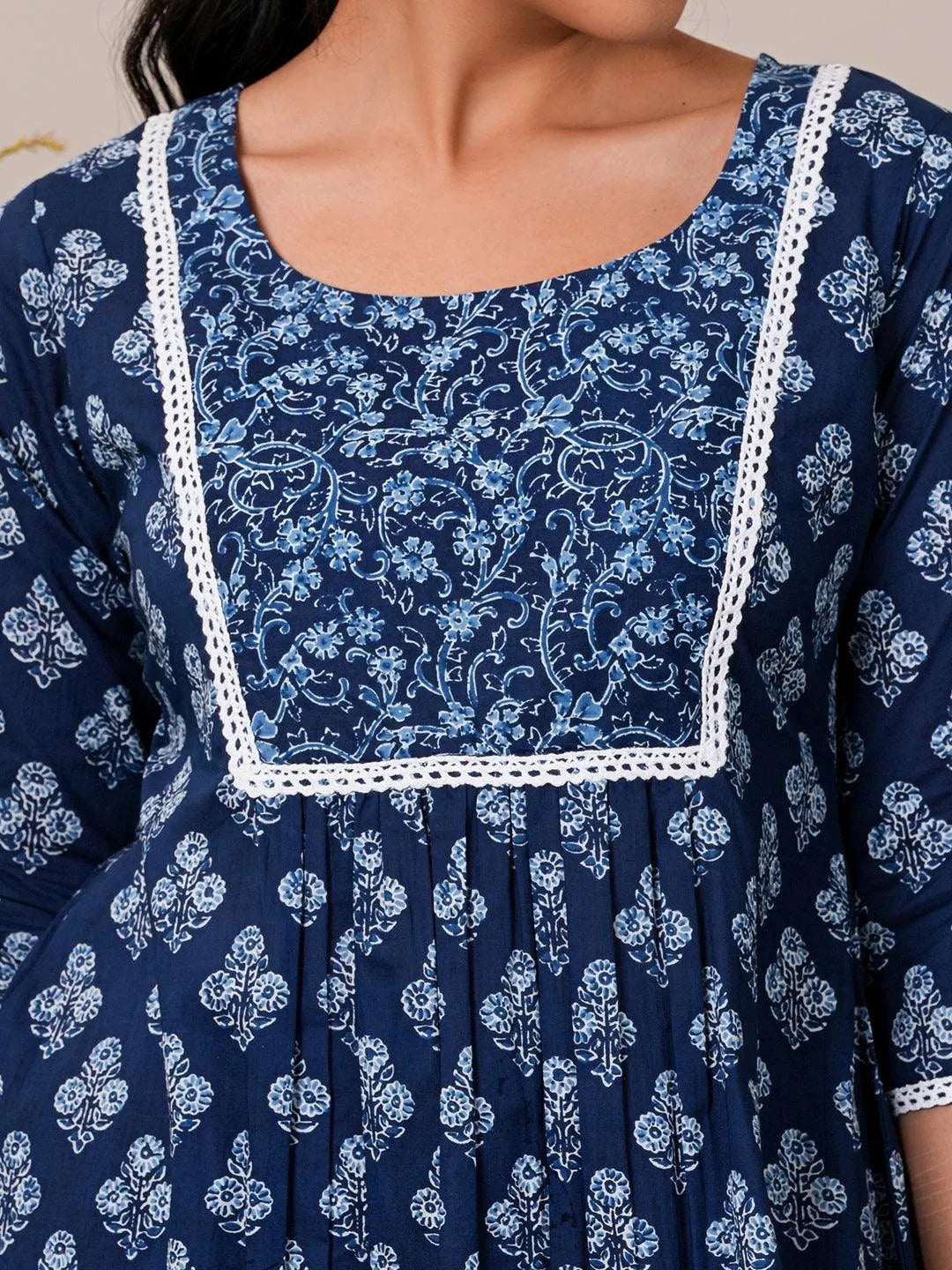Indigo Printed Cotton A-Line Kurti - Libas 