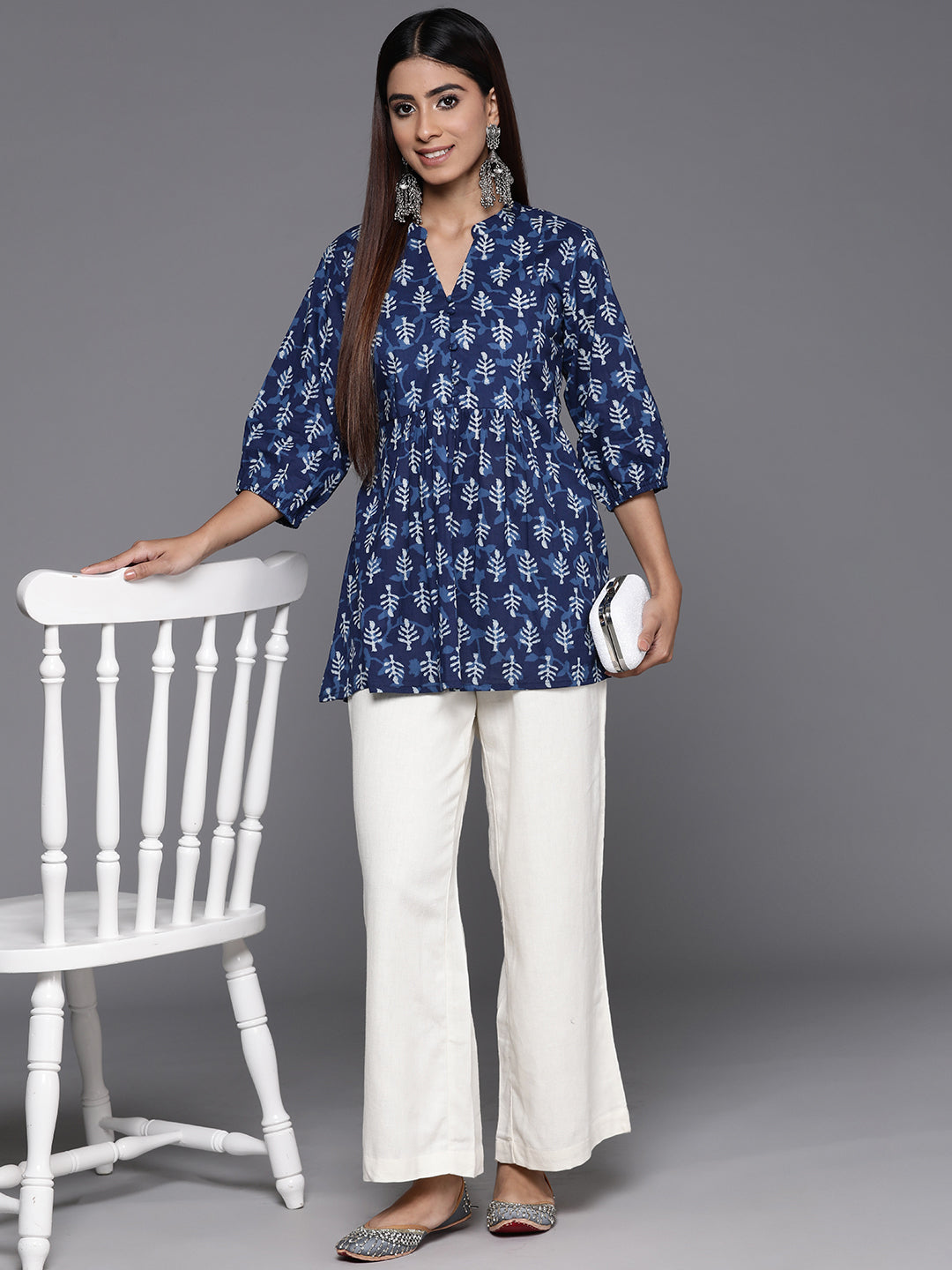  Indigo Printed Cotton A-Line Kurti 