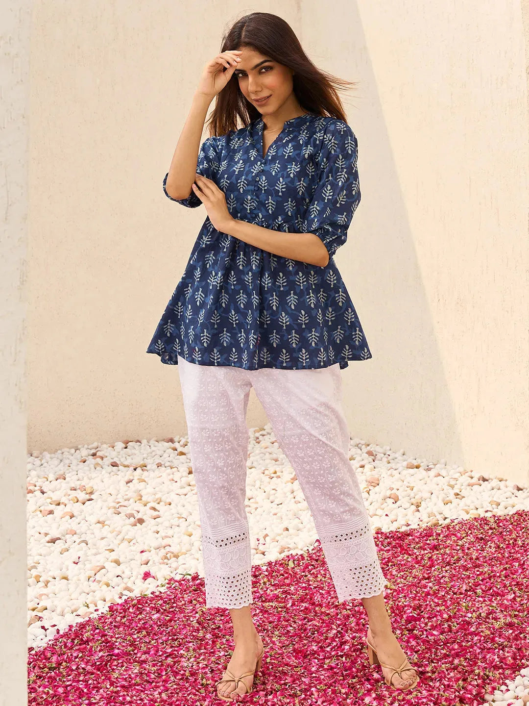  Indigo Printed Cotton A-Line Kurti 
