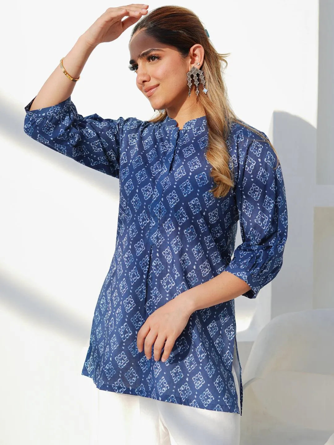 Blue Printed Cotton A-Line Kurti - Libas