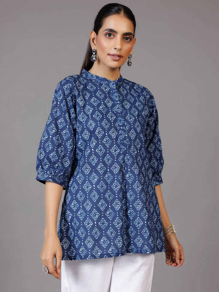 Blue Printed Cotton A-Line Kurti - Libas