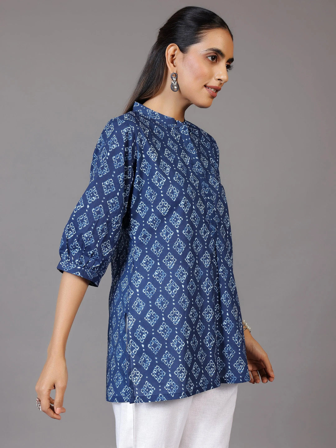 Blue Printed Cotton A-Line Kurti - Libas 