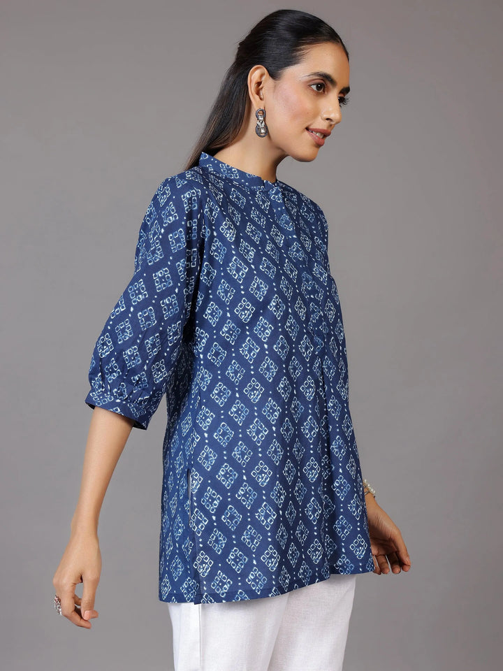 Blue Printed Cotton A-Line Kurti - Libas