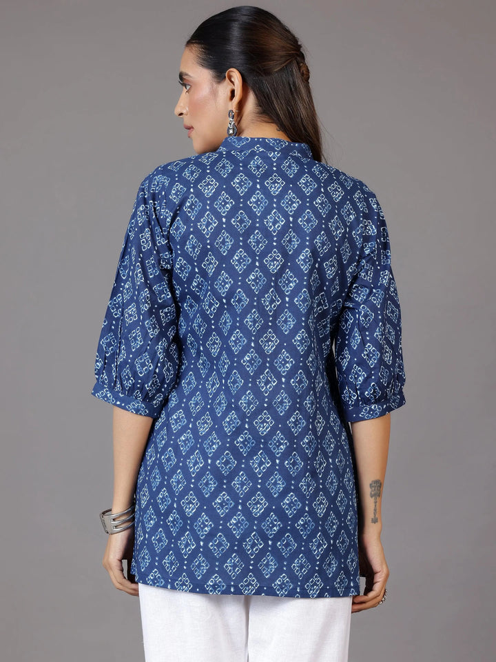 Blue Printed Cotton A-Line Kurti - Libas