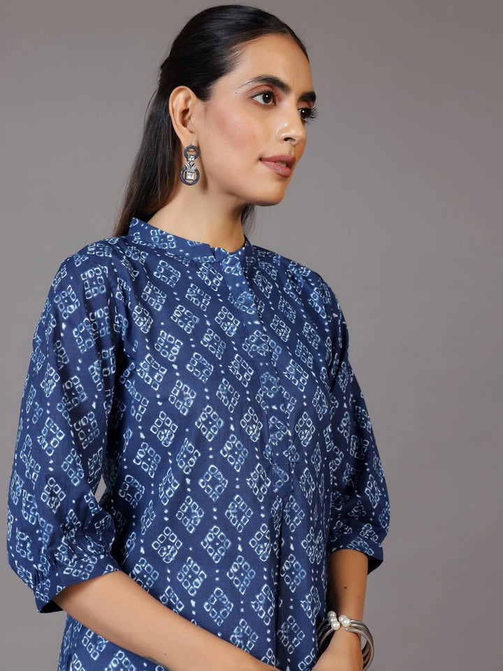 Blue Printed Cotton A-Line Kurti - Libas