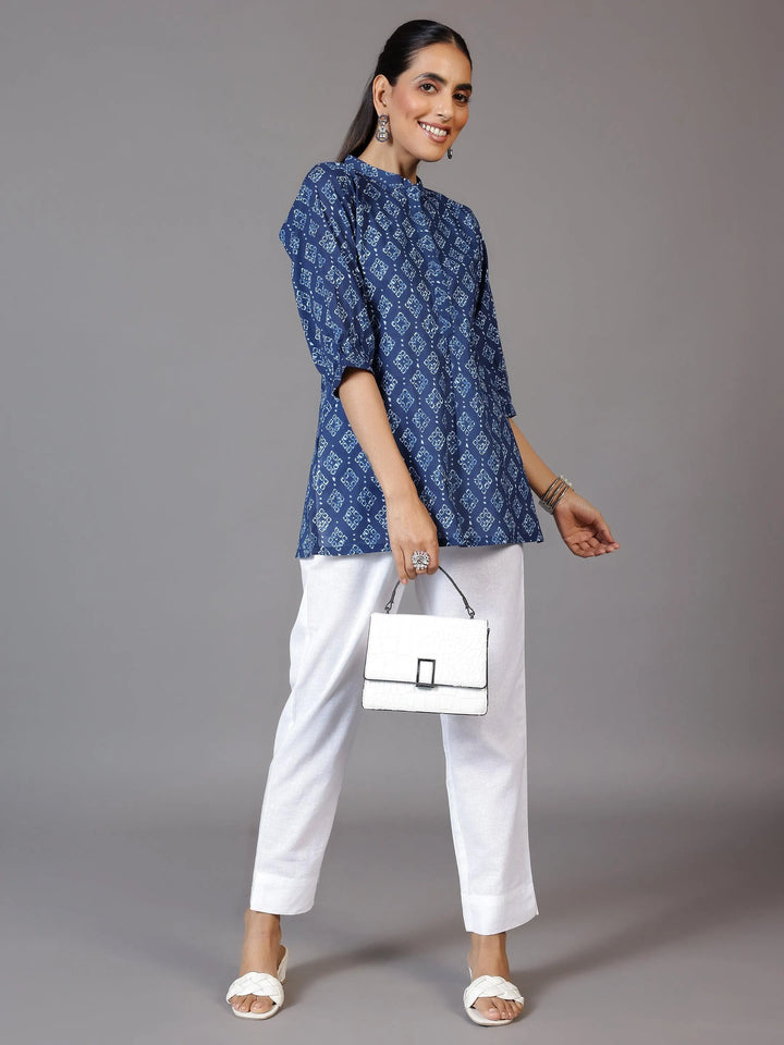 Blue Printed Cotton A-Line Kurti - Libas