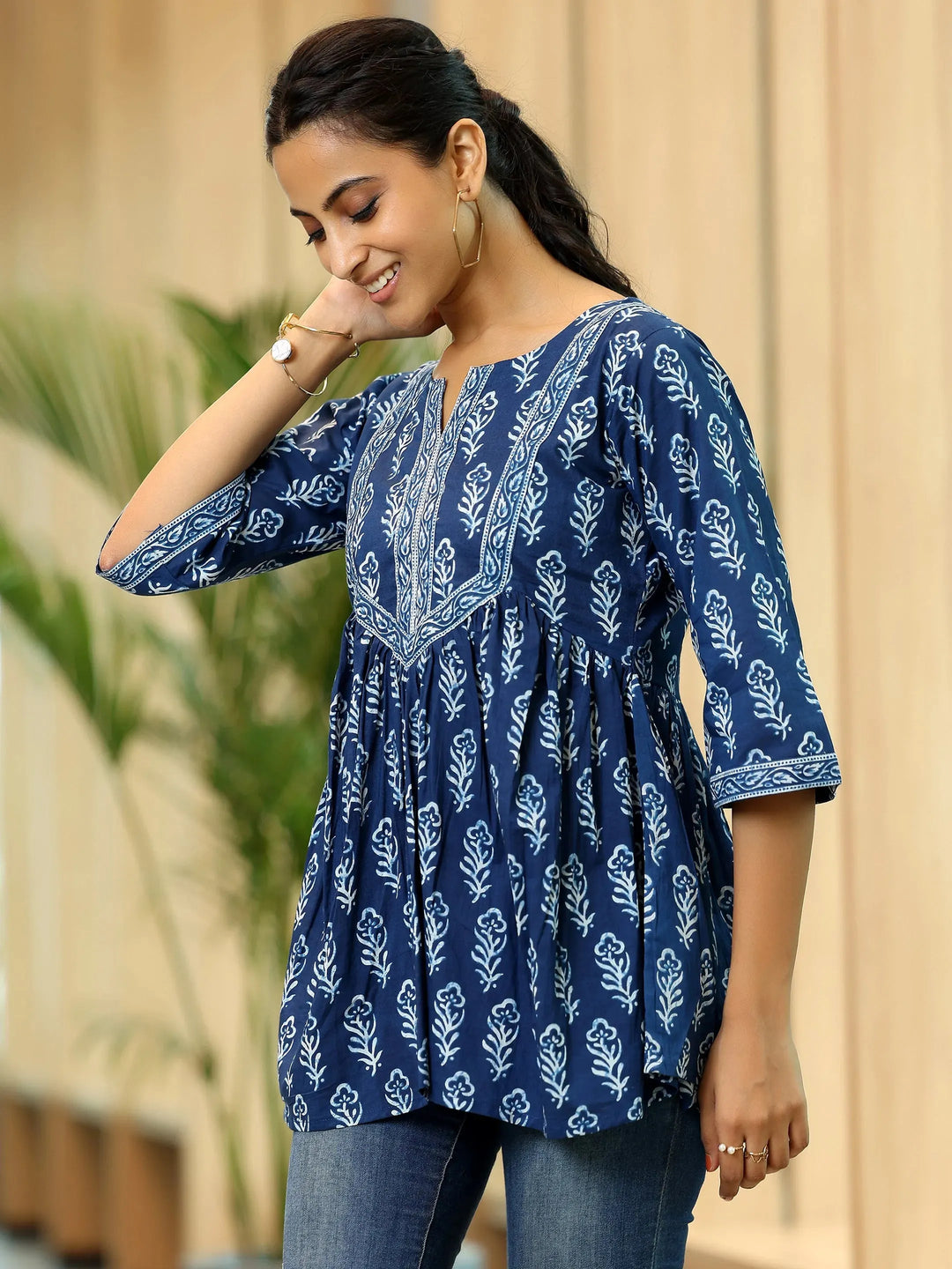  Blue Printed Cotton A-Line Kurti 