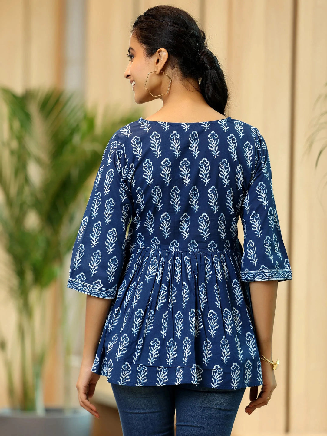  Blue Printed Cotton A-Line Kurti 