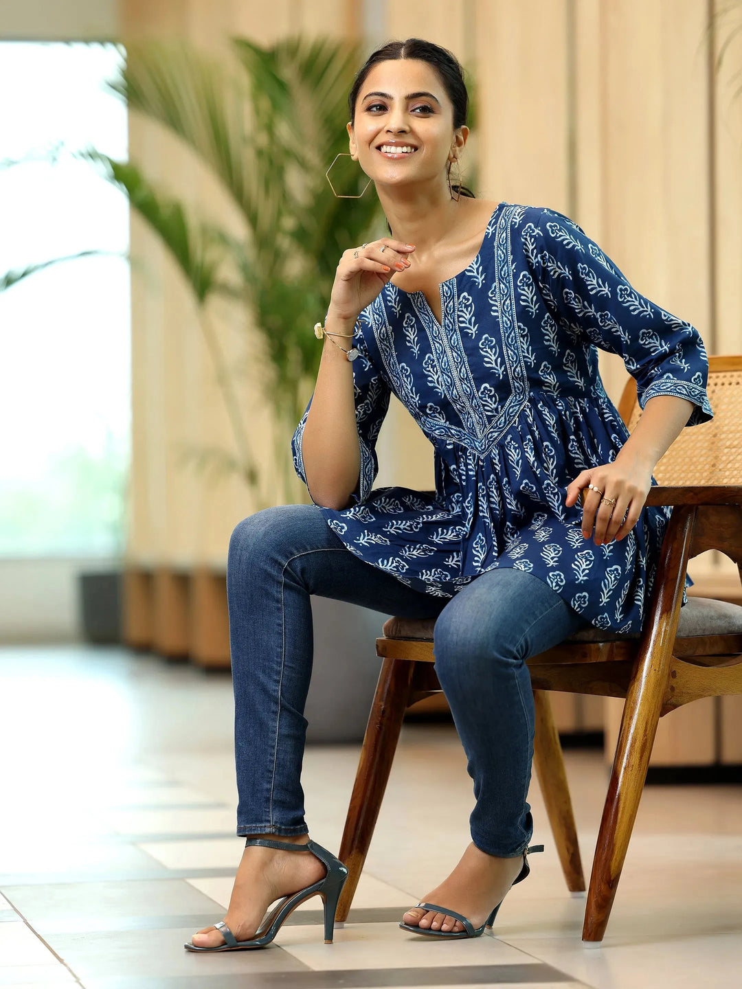  Blue Printed Cotton A-Line Kurti 