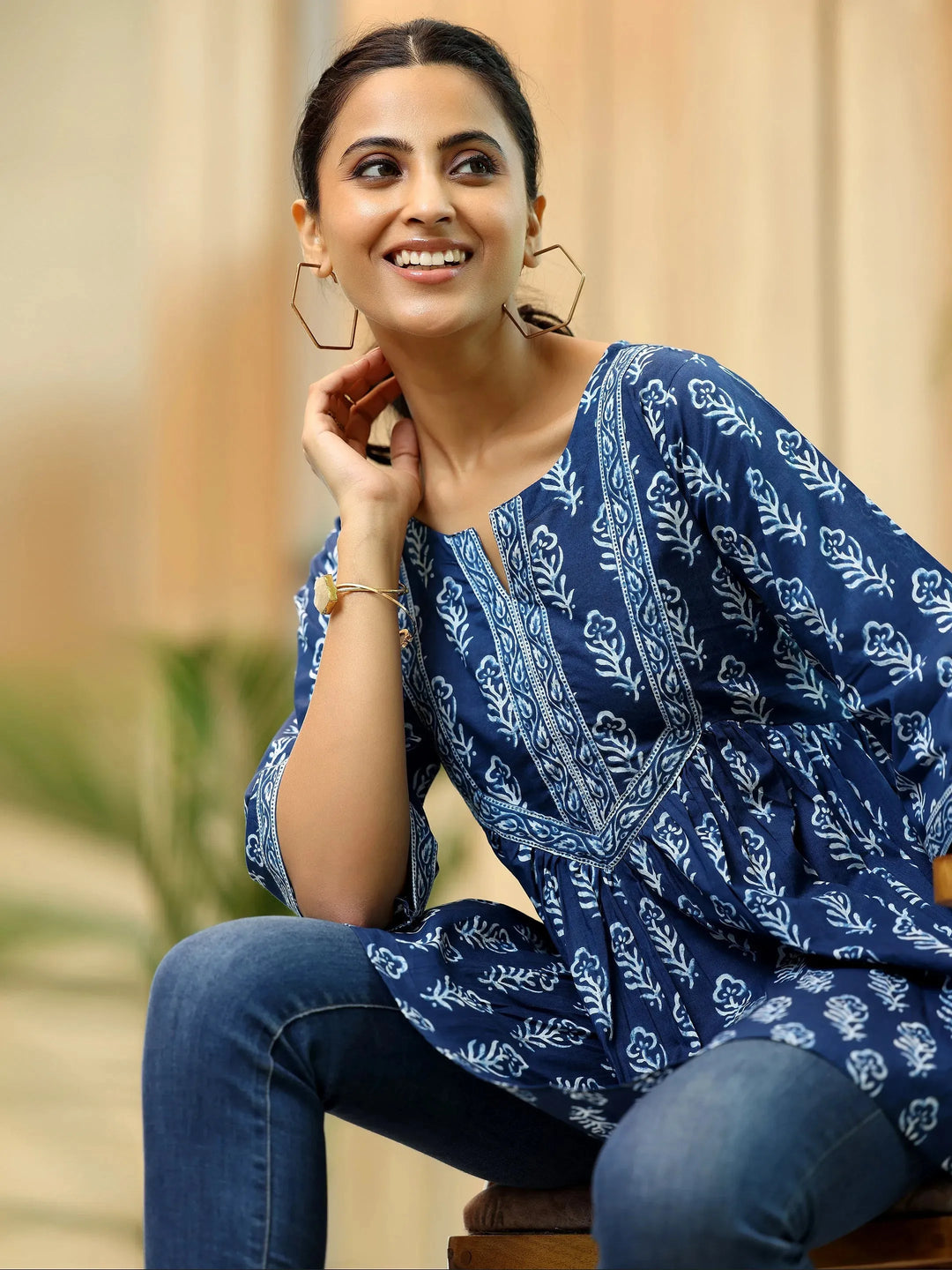  Blue Printed Cotton A-Line Kurti 