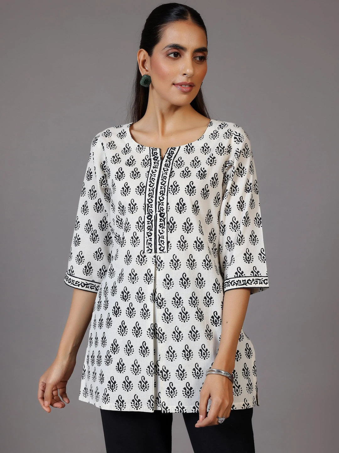 White Printed Cotton Straight Kurti - Libas 