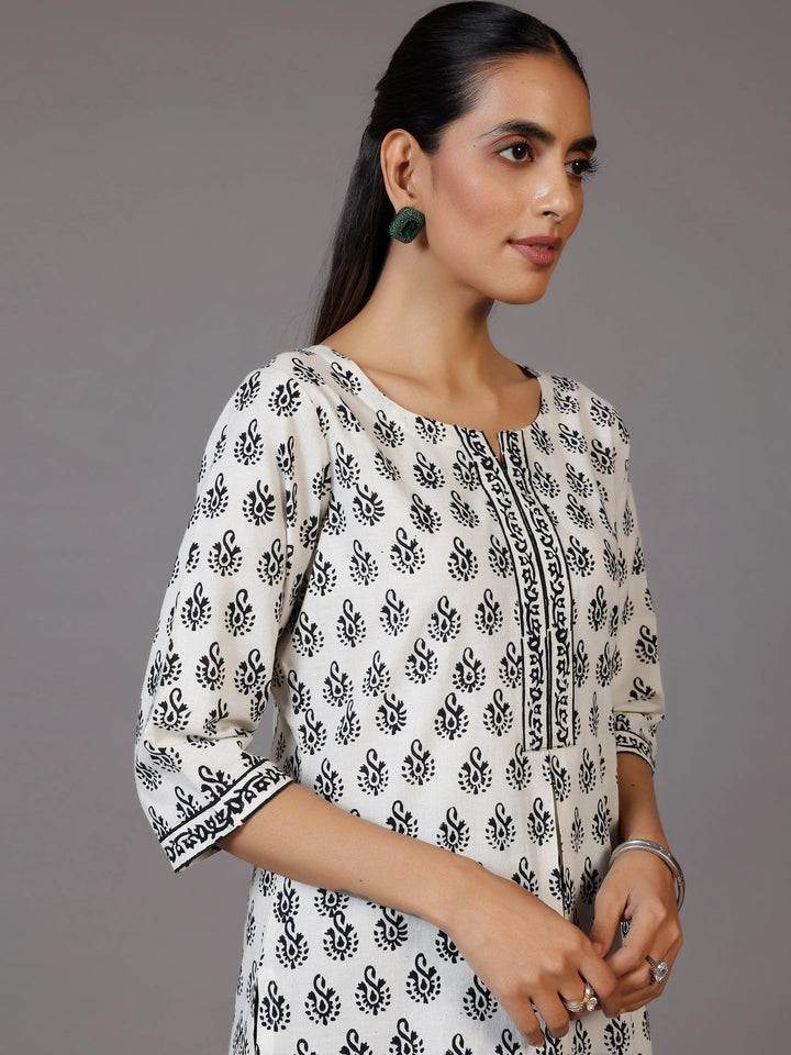 White Printed Cotton Straight Kurti - Libas
