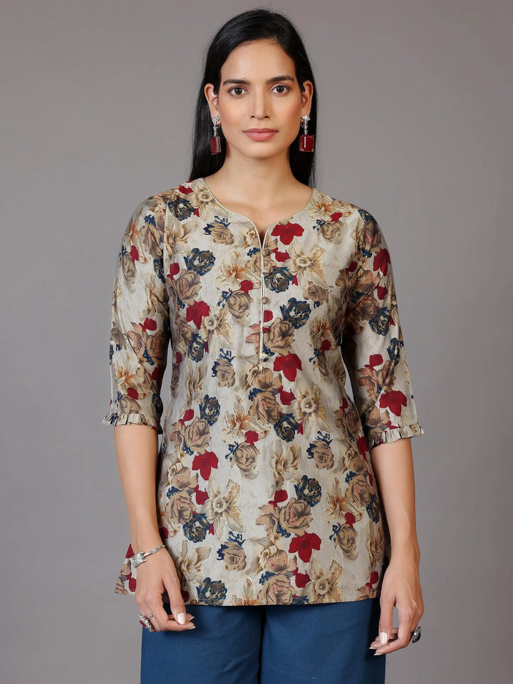 Multicoloured Printed Silk Blend A-Line Kurti - Libas