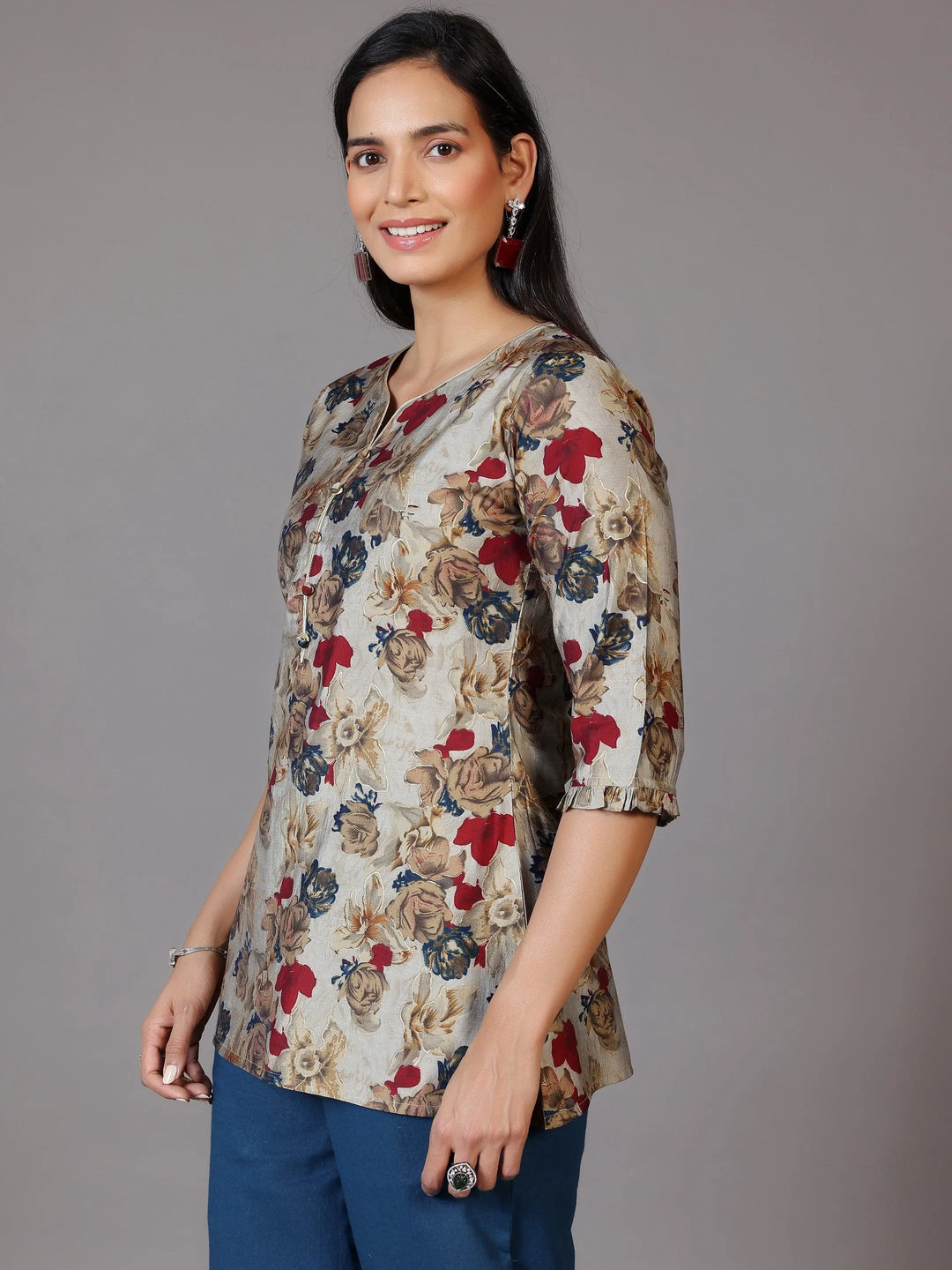 Multicoloured Printed Silk Blend A-Line Kurti - Libas 