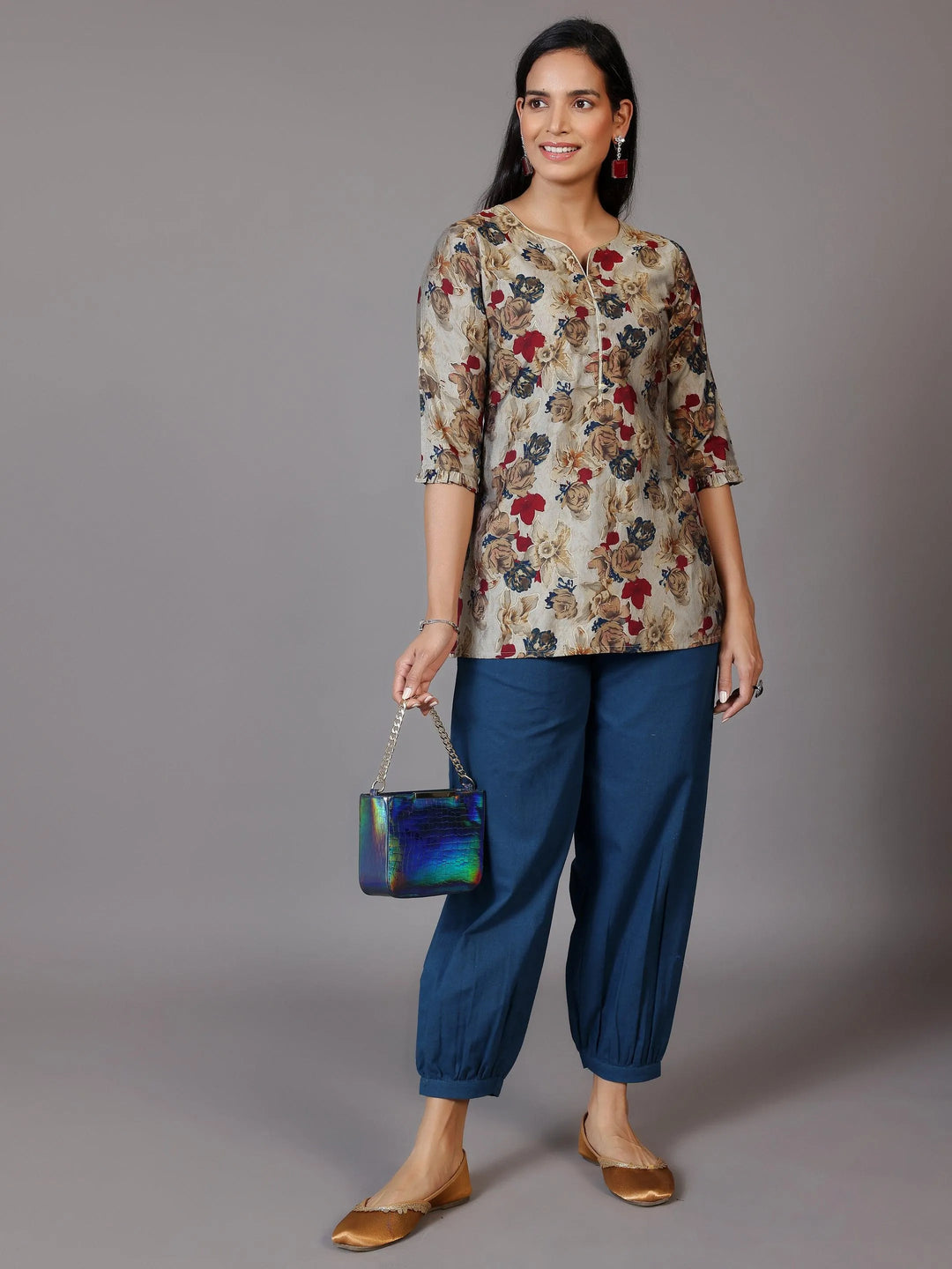 Multicoloured Printed Silk Blend A-Line Kurti - Libas 