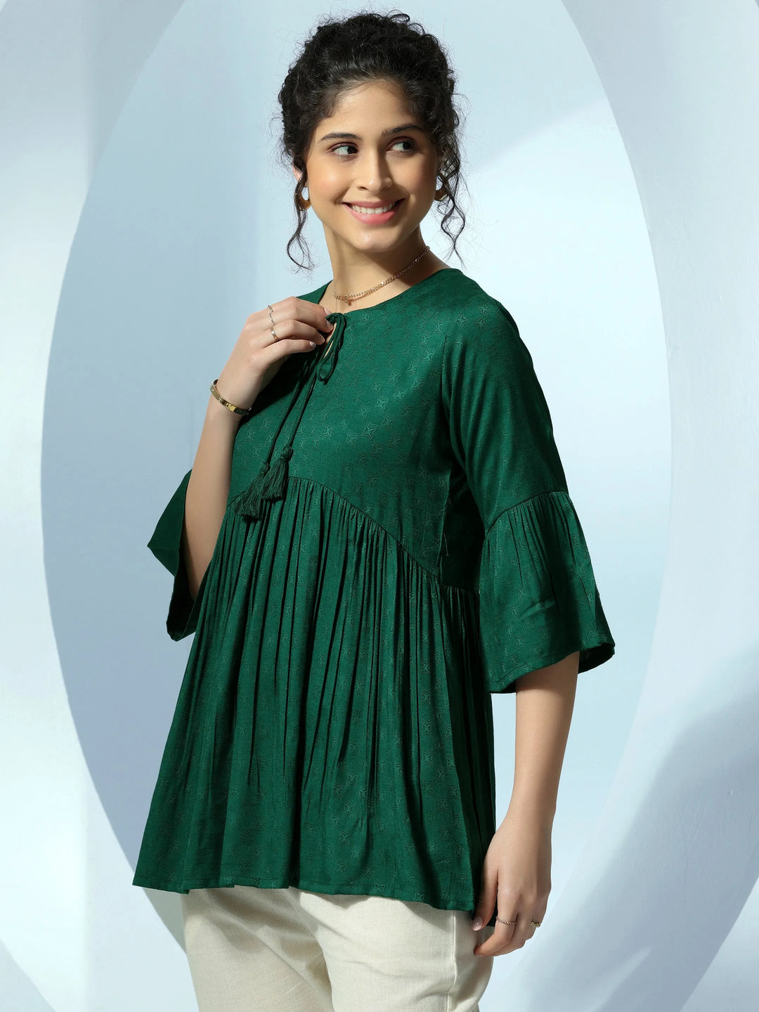 Green Woven Design Rayon A-Line Kurti 