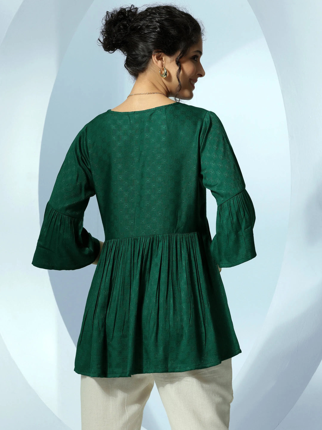  Green Woven Design Rayon A-Line Kurti 