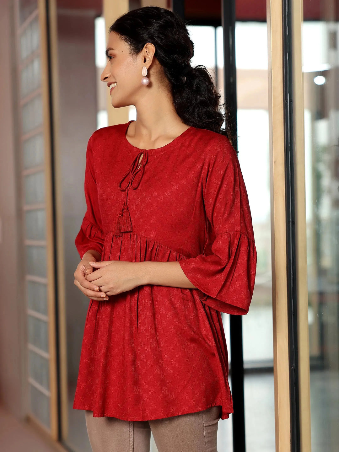  Red Woven Design Rayon A-Line Kurti 