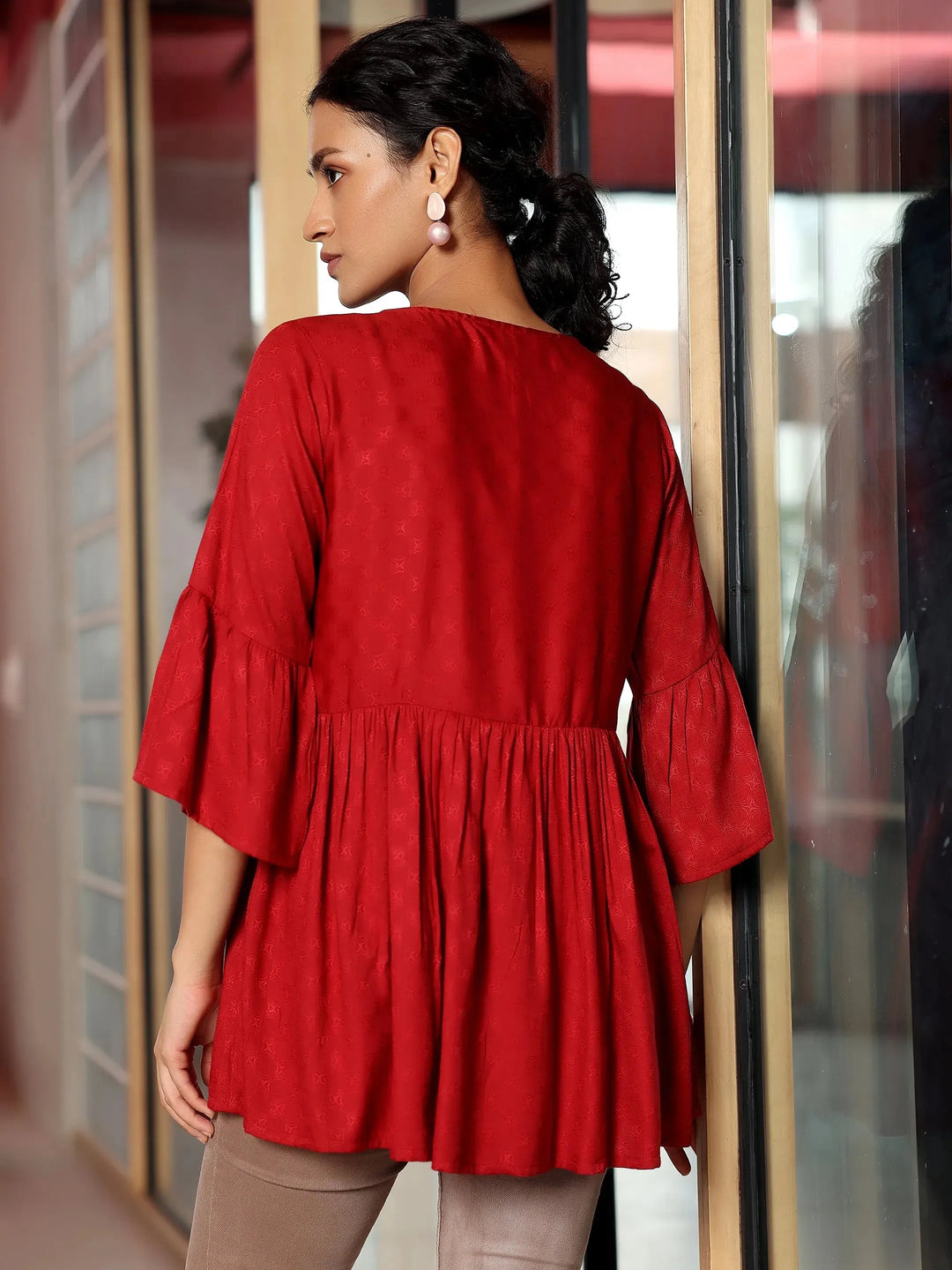  Red Woven Design Rayon A-Line Kurti 