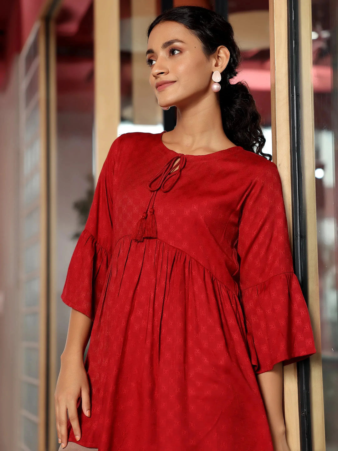  Red Woven Design Rayon A-Line Kurti 