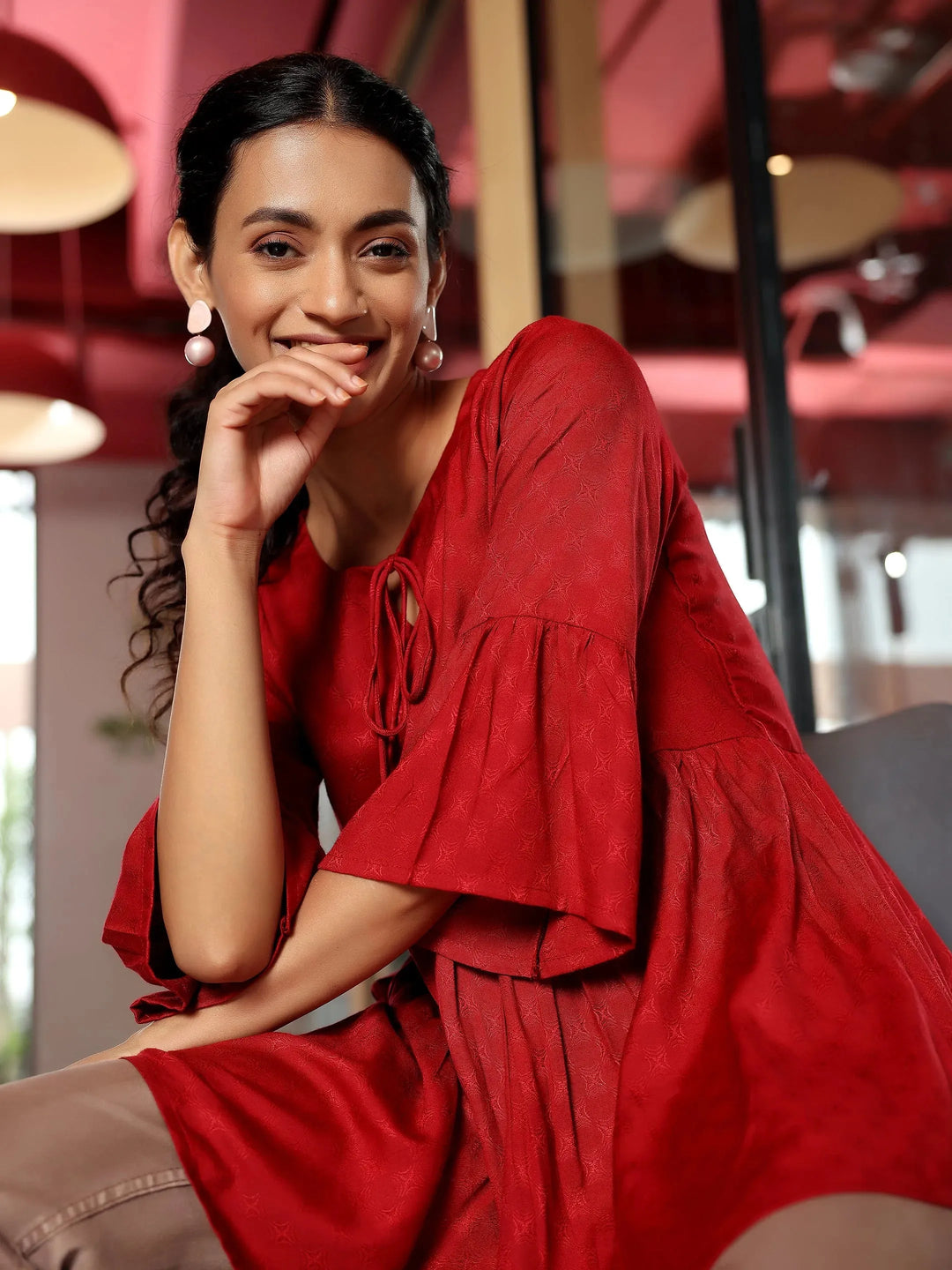  Red Woven Design Rayon A-Line Kurti 