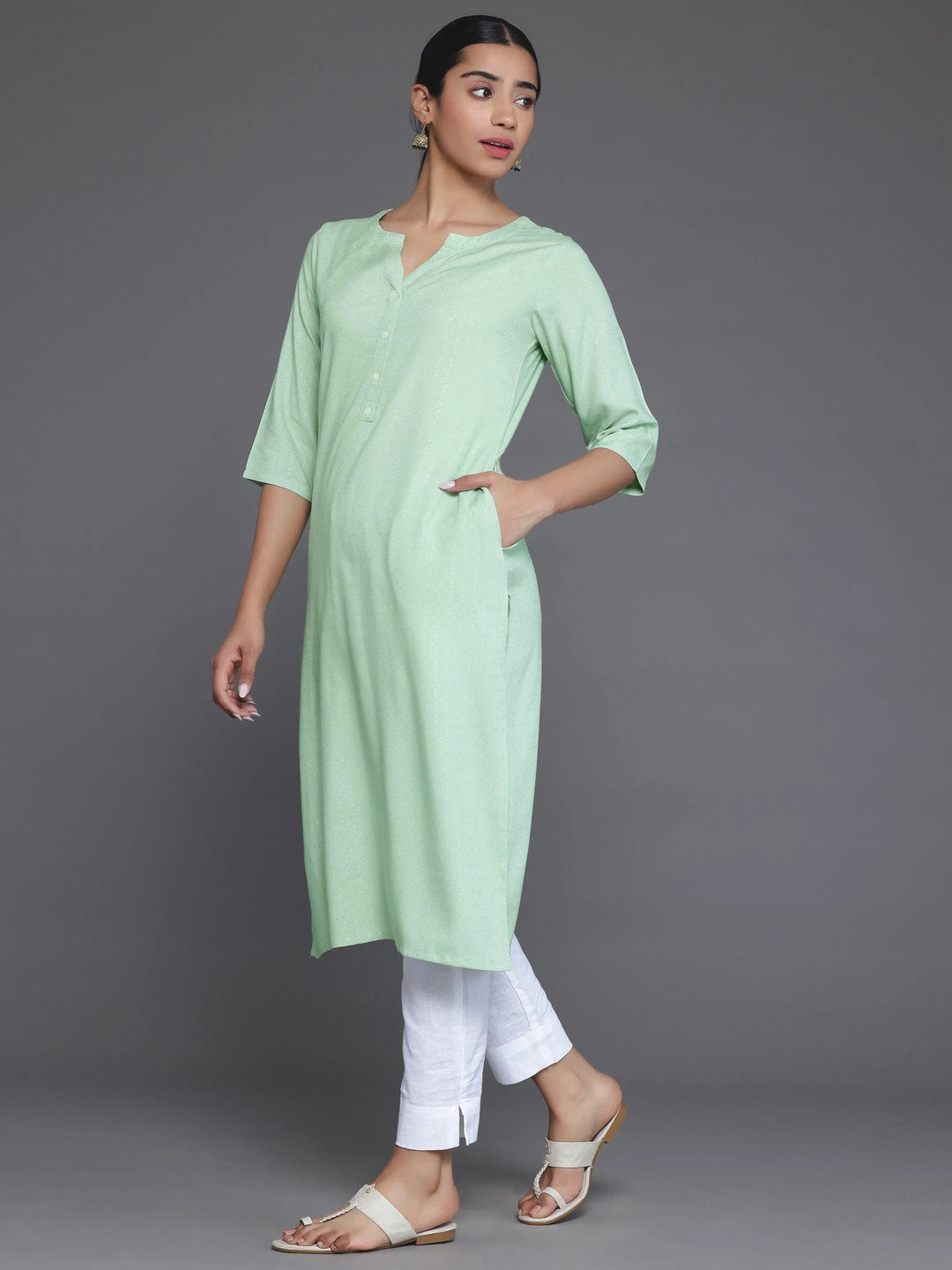 Green Woven Design Rayon Straight Kurta - Libas 
