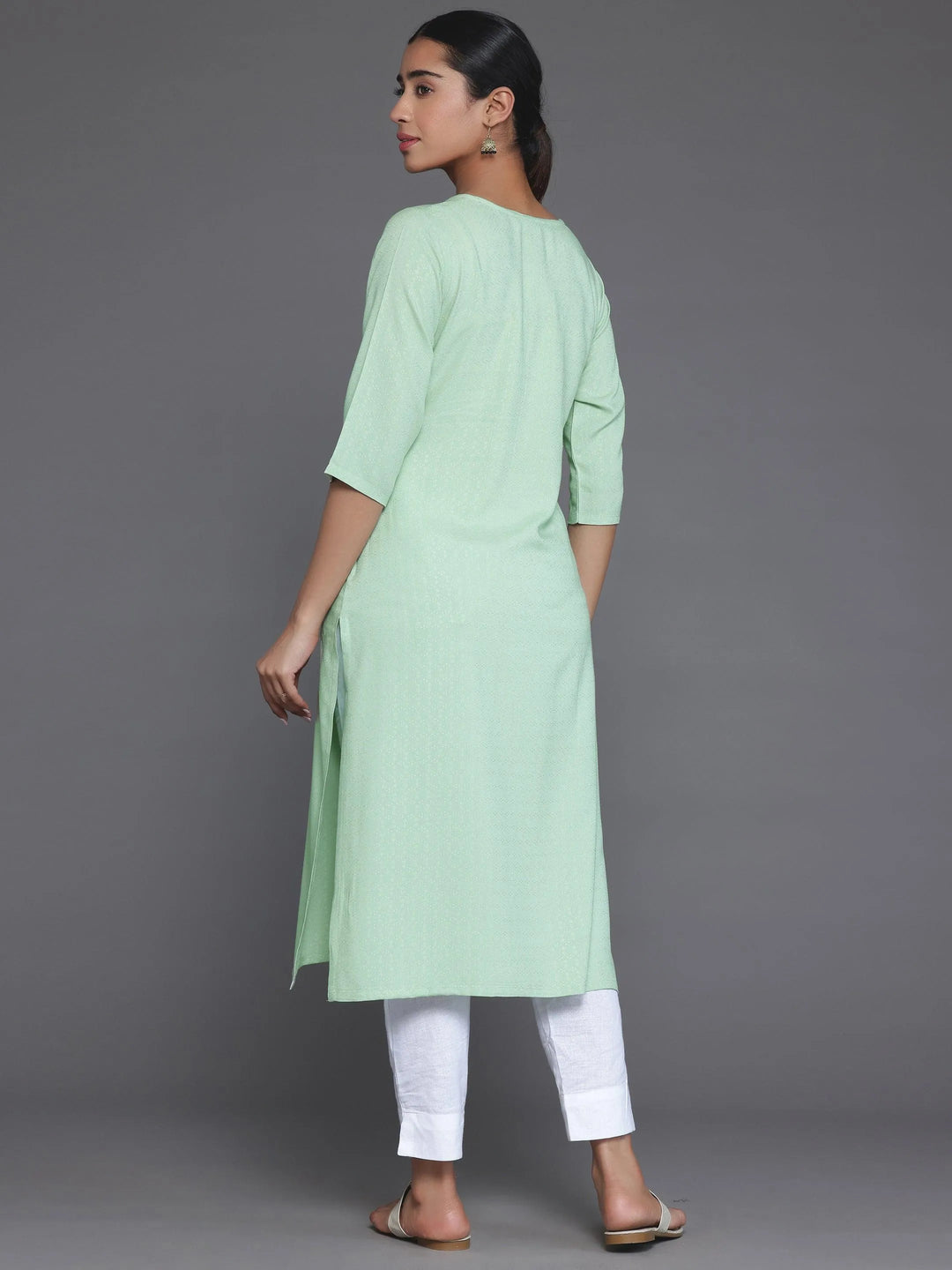 Green Woven Design Rayon Straight Kurta - Libas 