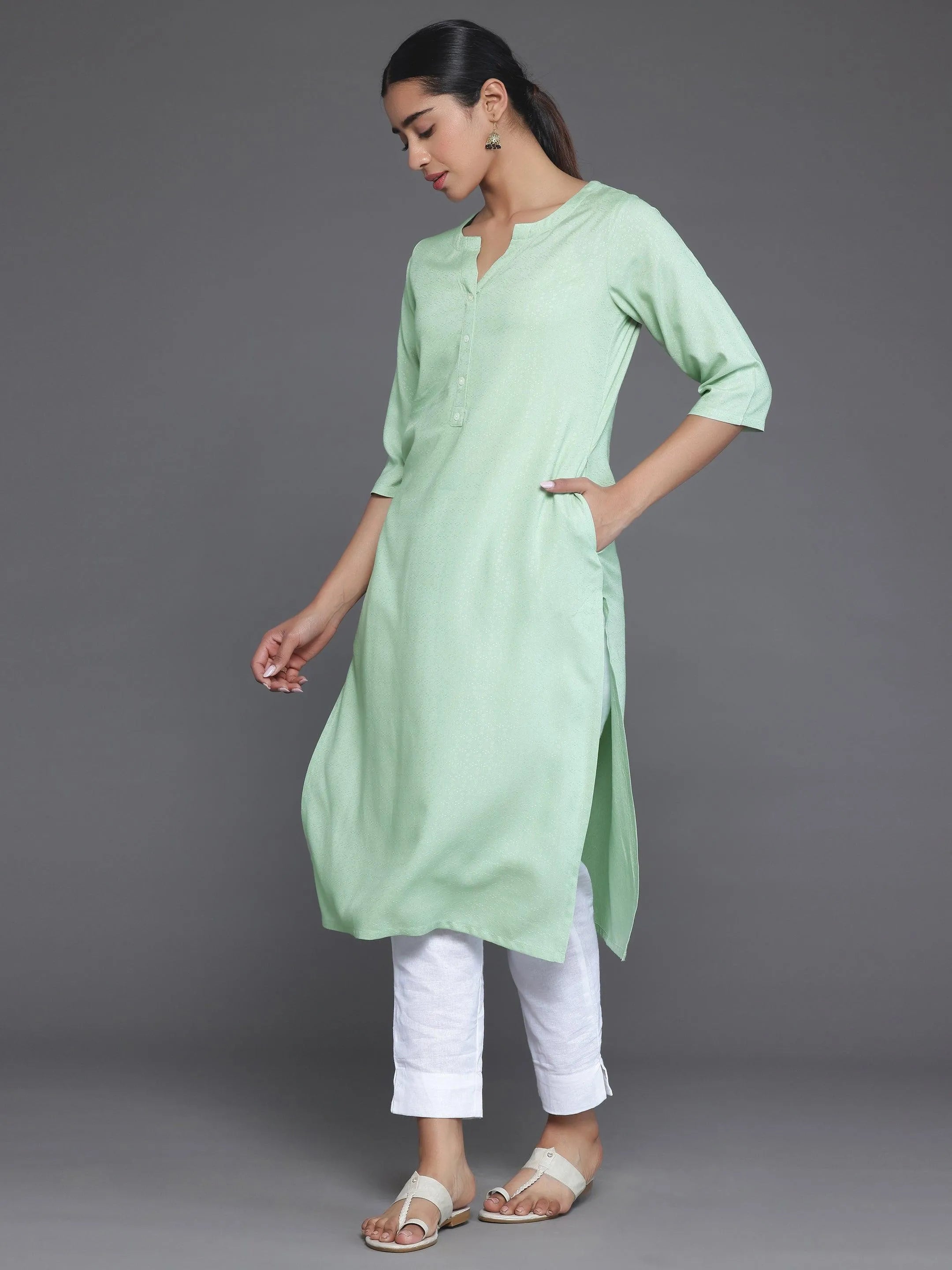 Green Woven Design Rayon Straight Kurta-image-22