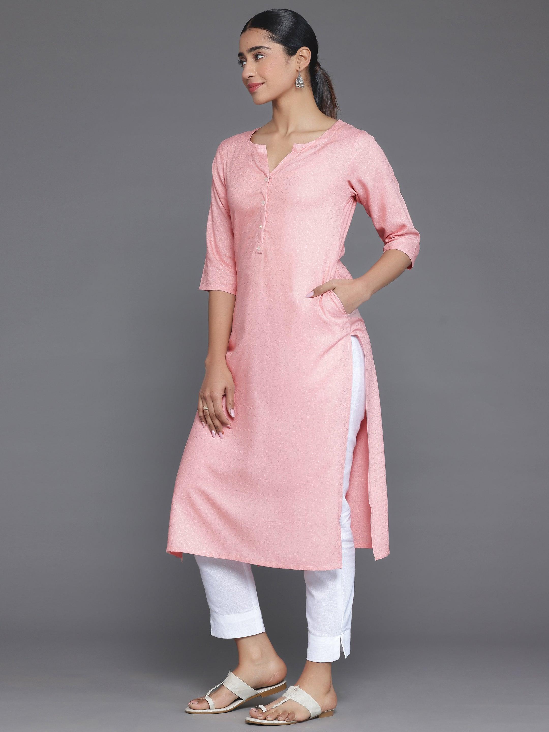 Pink Woven Design Rayon Straight Kurta