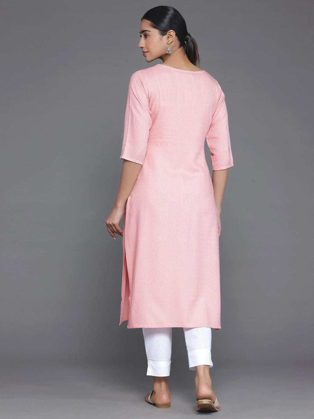 Pink Woven Design Rayon Straight Kurta - Libas