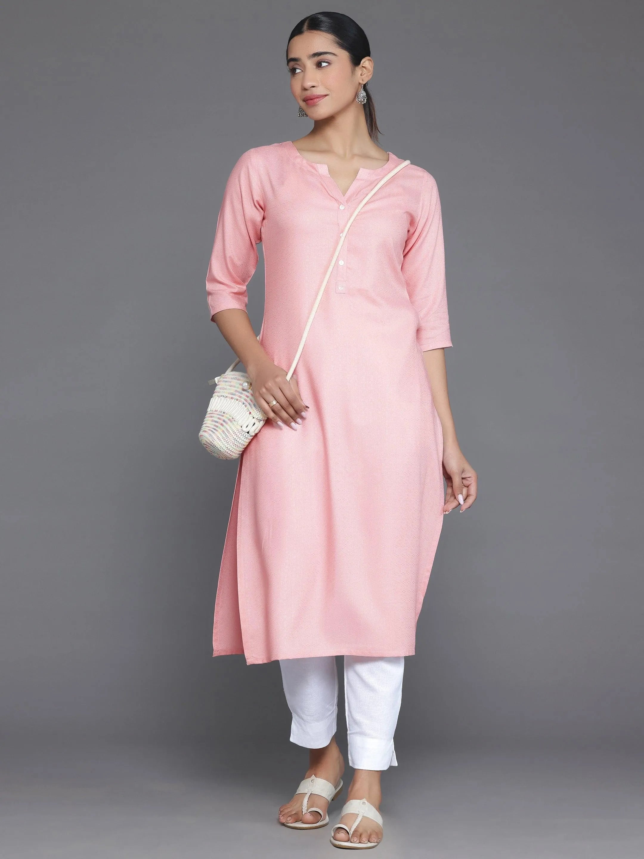 Pink Woven Design Rayon Straight Kurta-image-23