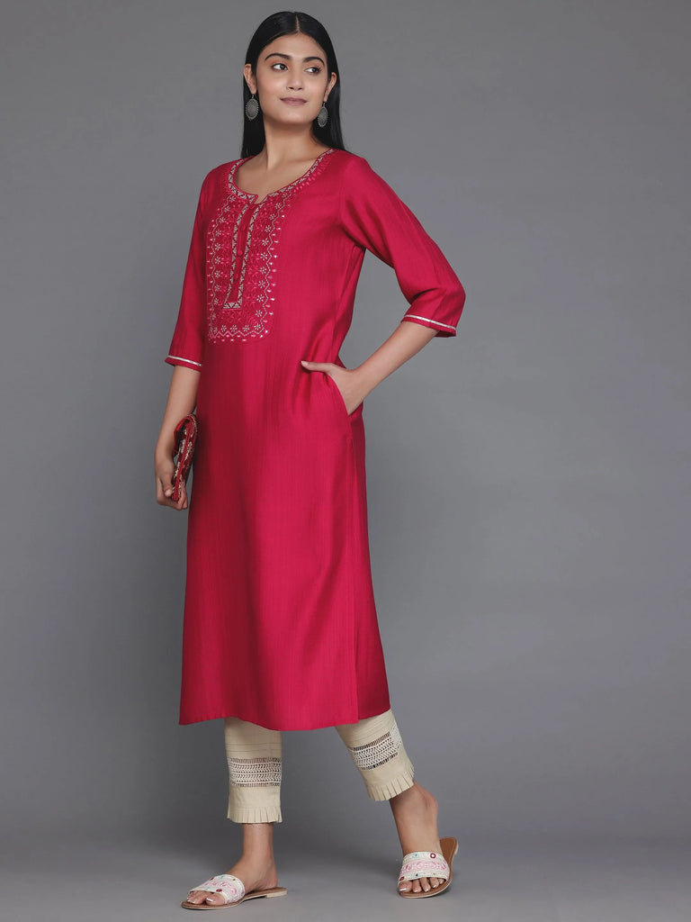 Libas Pink Yoke Design Silk Blend Straight Kurta