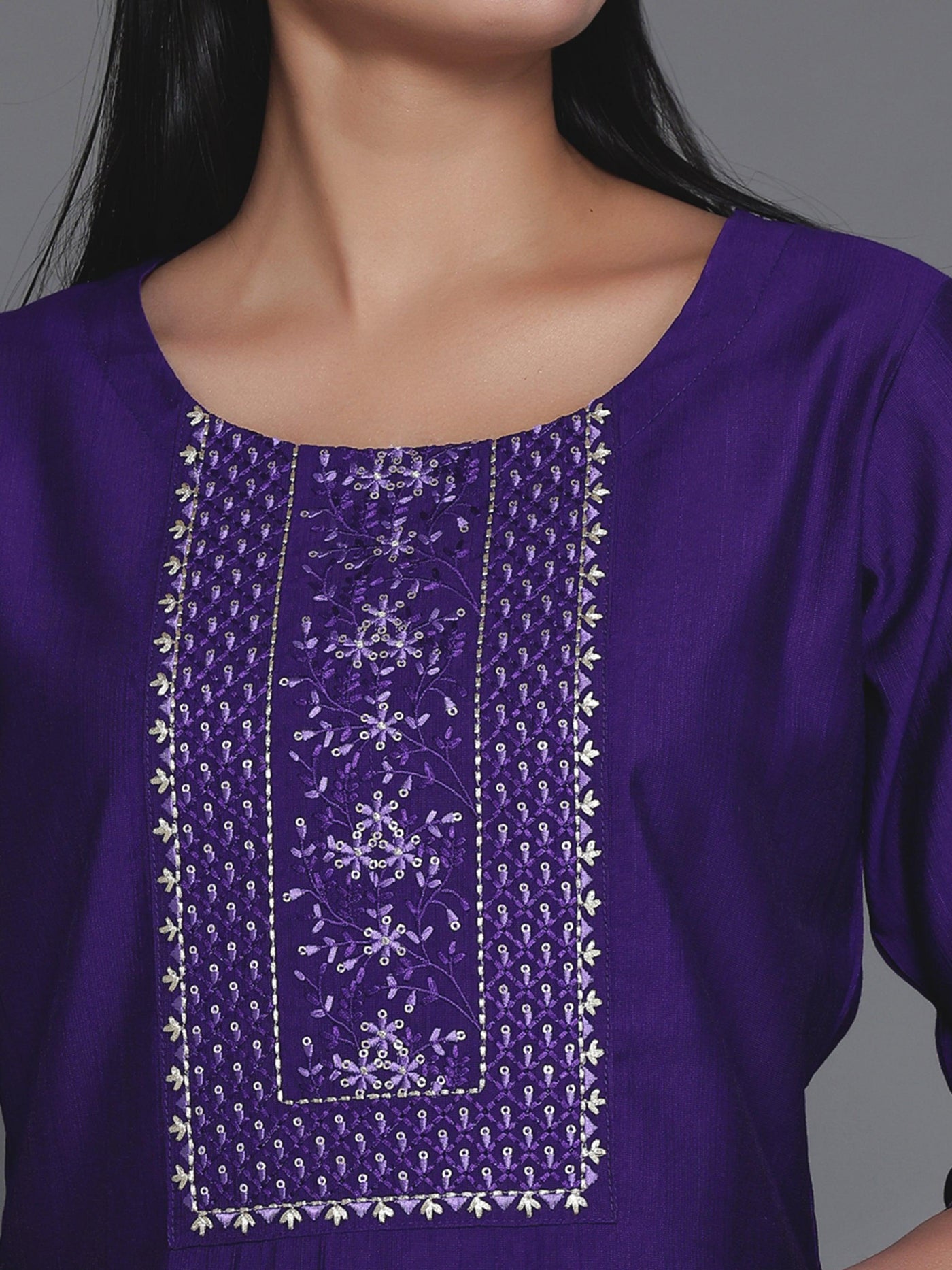 Purple Yoke Design Silk Straight Kurta - Libas