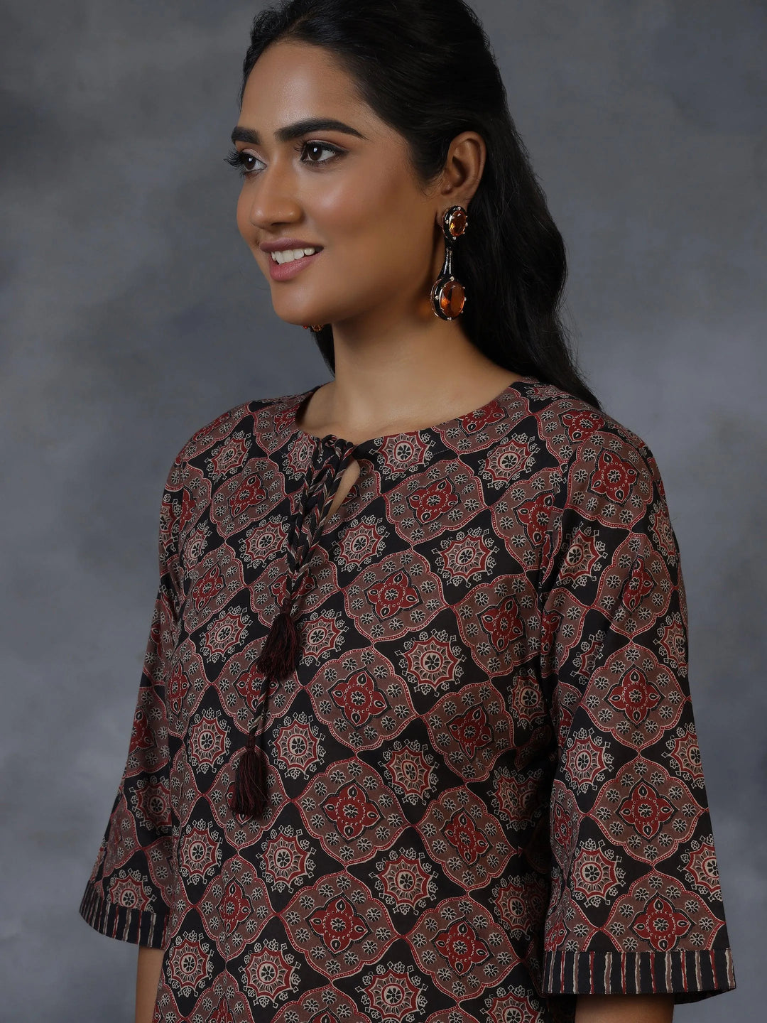 Black Printed Cotton Straight Kurti - Libas 